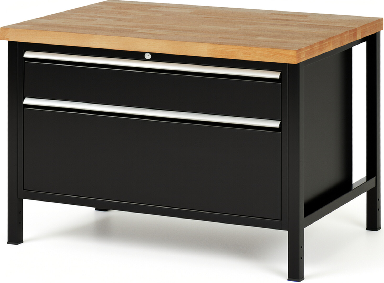 Werkbank Modell 8356 schwarz, BxTxH 1250x900x840 mm,  Buche-Massiv Arbeitsplatte 40 mm,  2 Schubladen mit  Auszug 90 %