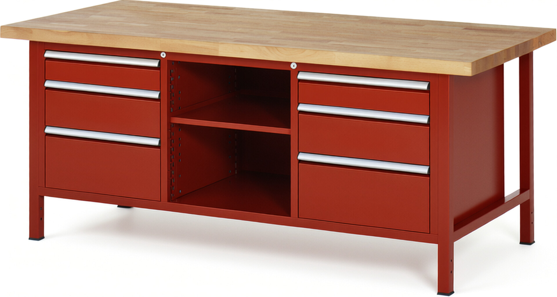 Werkbank Modell 8564 rot, BxTxH 2000x900x840 mm,  Buche-Massiv Arbeitsplatte 40 mm,  6 Schubladen mit  Vollauszug 100 % und  SoftClosing