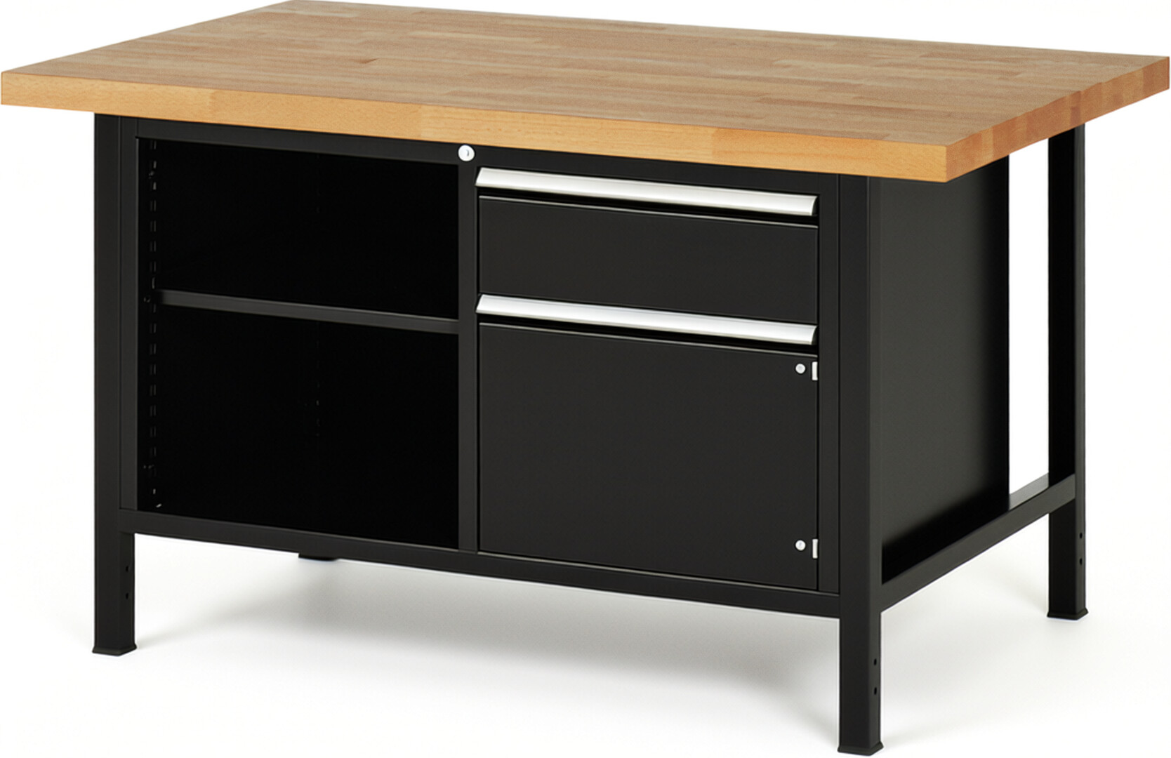 Werkbank Modell 8461 schwarz, BxTxH 1500x900x840-1040 mm,  Buche-Massiv Arbeitsplatte 40 mm,  1 Schublade mit  Auszug 90 %