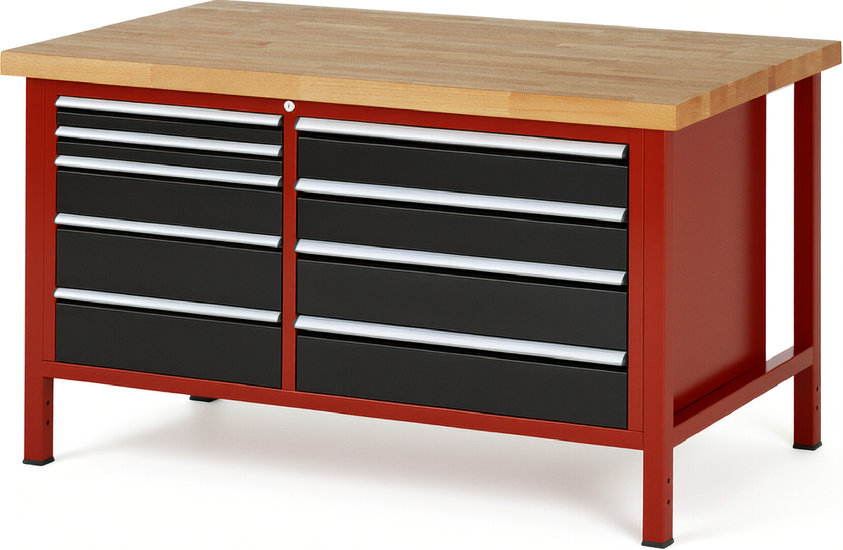 Werkbank Modell 8655 rot - schwarz, BxTxH 1500x900x840 mm,  Buche-Massiv Arbeitsplatte 40 mm,  9 Schubladen mit  Auszug 90 %