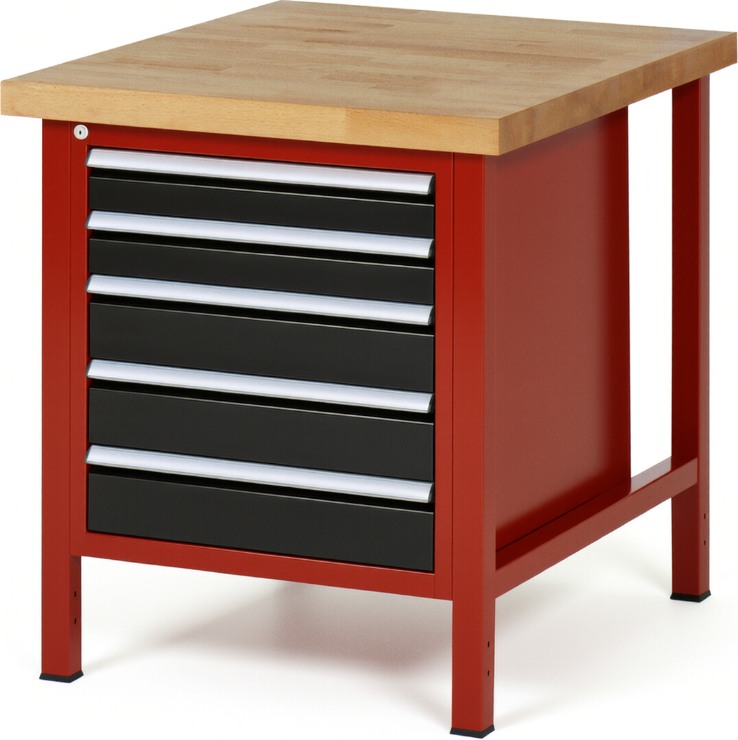 Werkbank Modell 8171 rot - schwarz, BxTxH 750x900x840-1040 mm,  Buche-Massiv Arbeitsplatte 40 mm,  5 Schubladen mit  Auszug 90 %