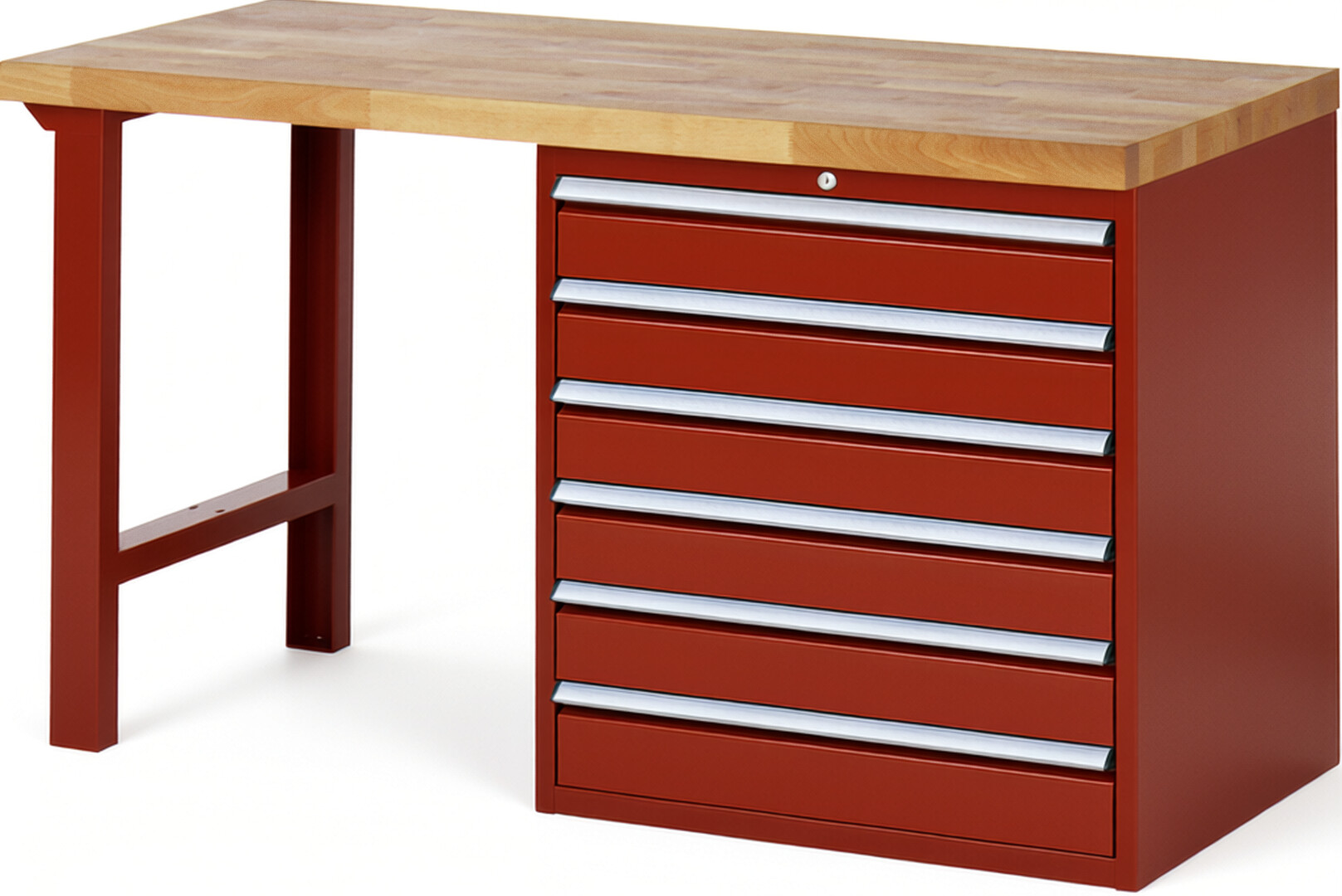 Werkbank Modell 7616 rot, BxTxH 1500x700x890 mm,  Buche-Massiv Arbeitsplatte 40 mm,  6 Schubladen mit  Auszug 90 %