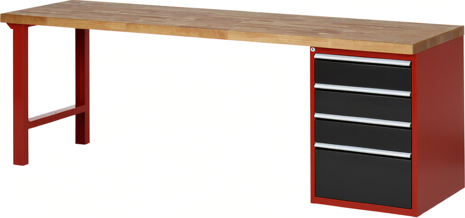 Werkbank Modell 7510 rot - schwarz, BxTxH 2500x700x890 mm,  Buche-Massiv Arbeitsplatte 40 mm,  4 Schubladen mit  Auszug 90 %