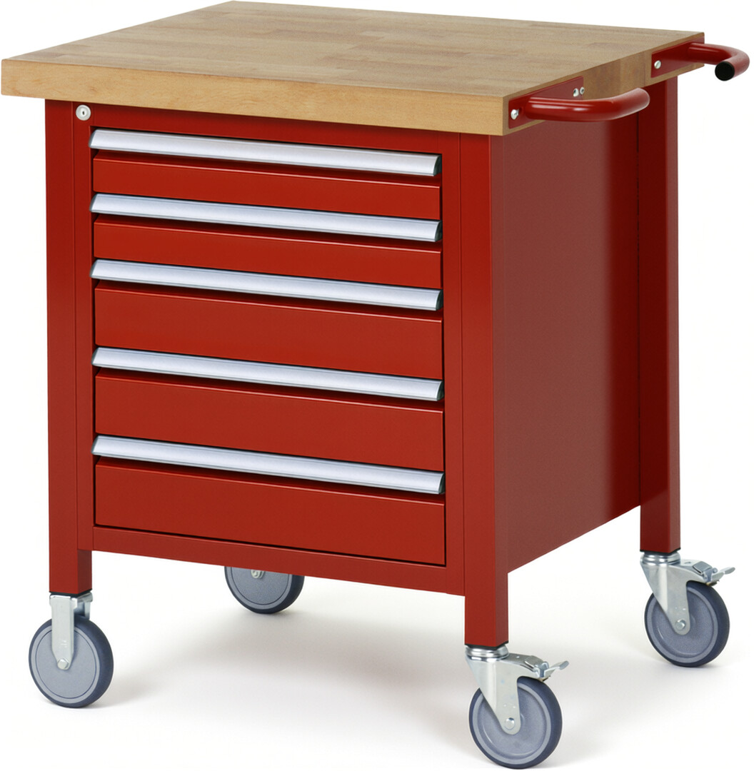 Fahrbare Werkbank Modell 8171 rot, BxTxH 750x700x880-1080 mm,  Buche-Massiv Arbeitsplatte 40 mm,  5 Schubladen mit  Auszug 90 %