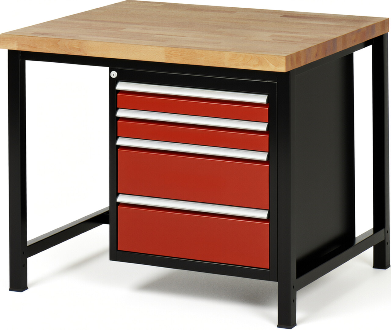 RAU Werkbank schwarz - rot - Breite 100 cm - Tiefe 90 cm - Höhe 104 cm - Buche-Massiv Arbeitsplatte 40 mm