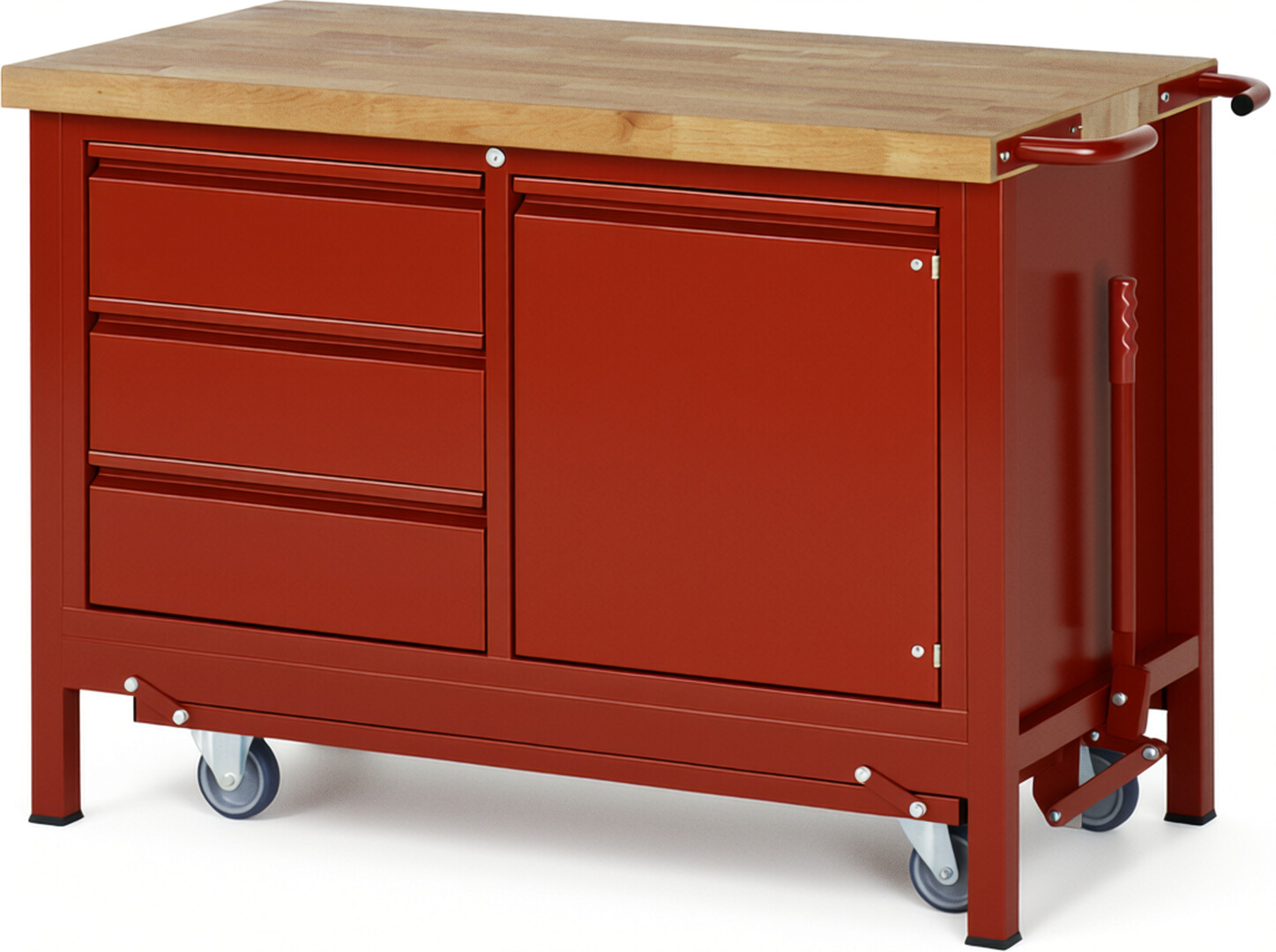 Absenkbare Werkbank - Modell 8468 BASIC rot, BxTxH 1250x700x880 mm,  Buche-Massiv Arbeitsplatte 40 mm,  3 Schubladen mit  Auszug 90 %