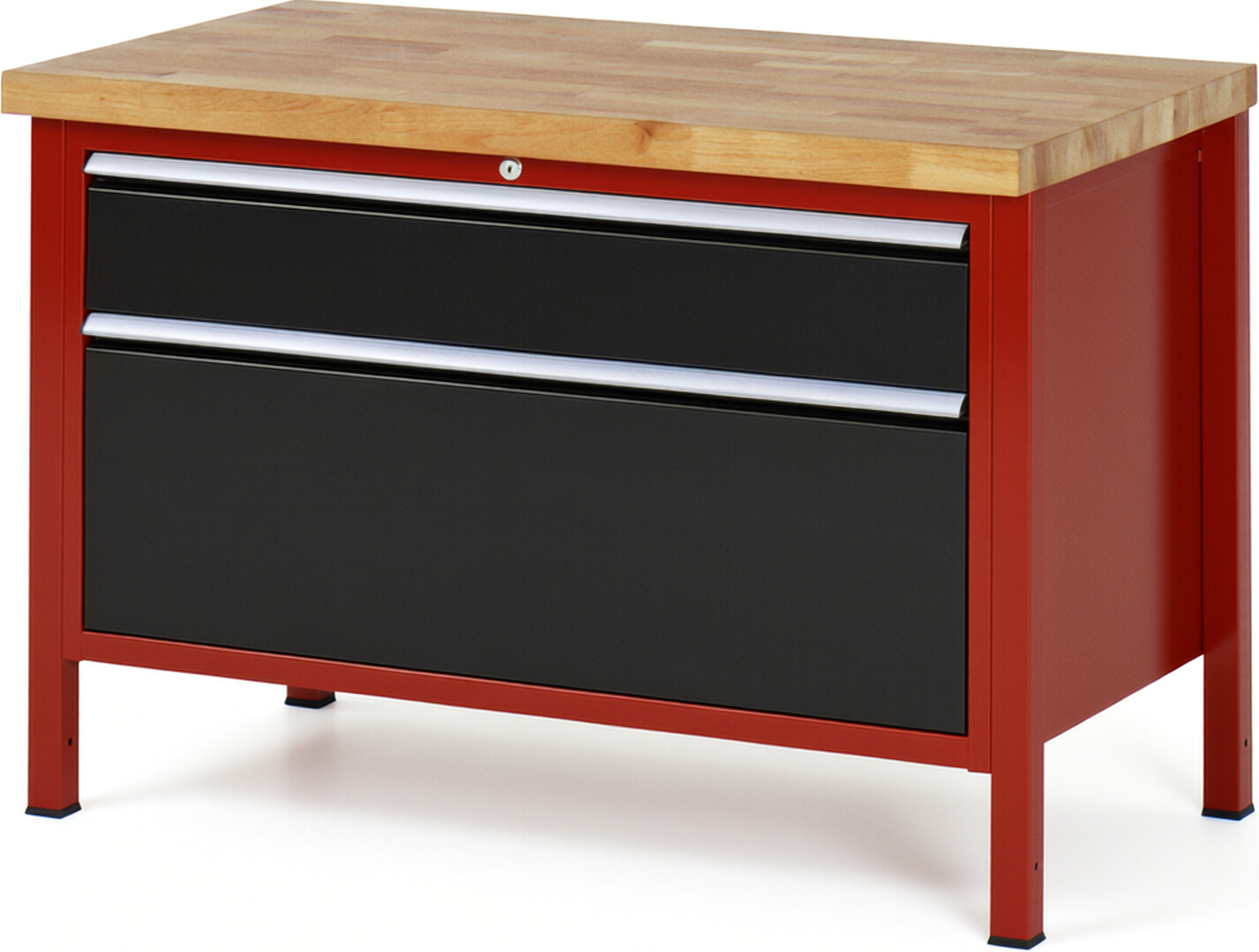 Werkbank Modell 8356 rot - schwarz, BxTxH 1250x700x840 mm,  Buche-Massiv Arbeitsplatte 40 mm,  2 Schubladen mit  Vollauszug 100 % und  SoftClosing