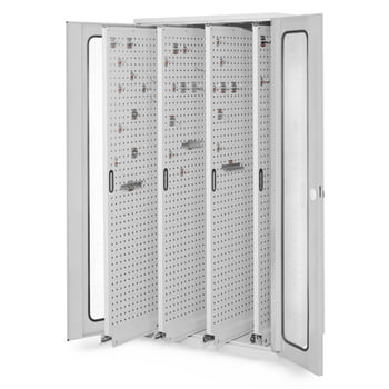 Werkzeugschrank - 4 Vertikalauszüge mit Lochplatten - Frontfarbe lichtgrau, Türen mit Sichtfenstern, 1.950 x 1.000 x 600 mm (HxBxT)