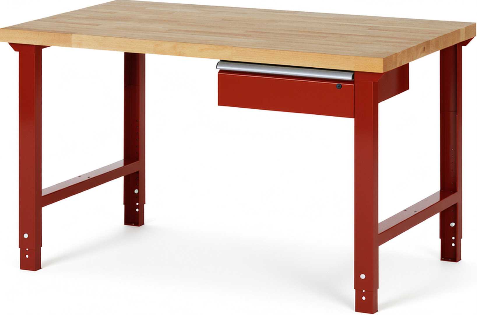 Werkbank Modell 7001 rot, BxTxH 1500x900x790-1140 mm,  Buche-Massiv Arbeitsplatte 40 mm,  1 Schublade mit  Auszug 90 %