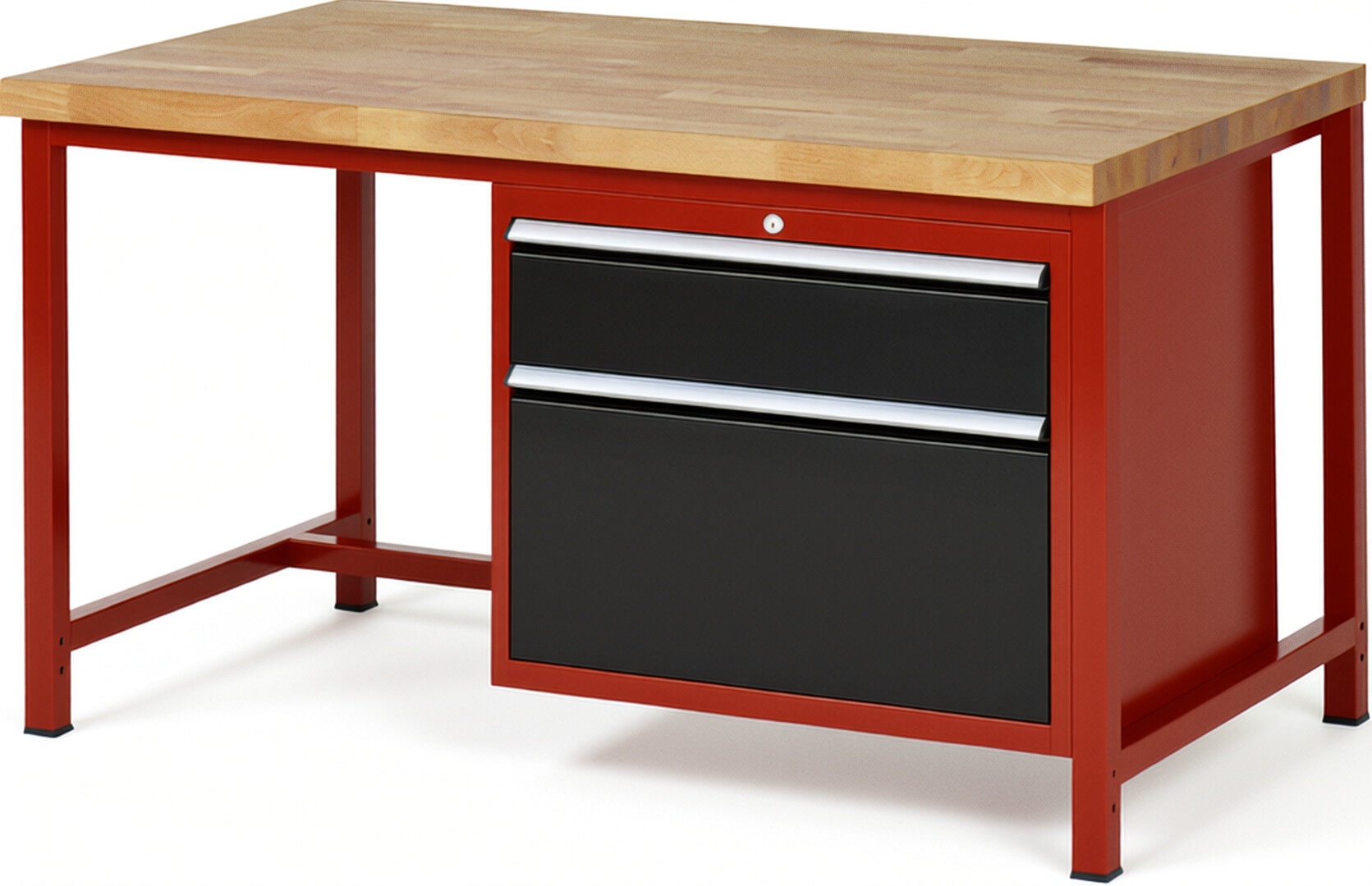 Werkbank Modell 8256 rot - schwarz, BxTxH 1500x900x840-1040 mm,  Buche-Massiv Arbeitsplatte 40 mm,  2 Schubladen mit  Auszug 90 %