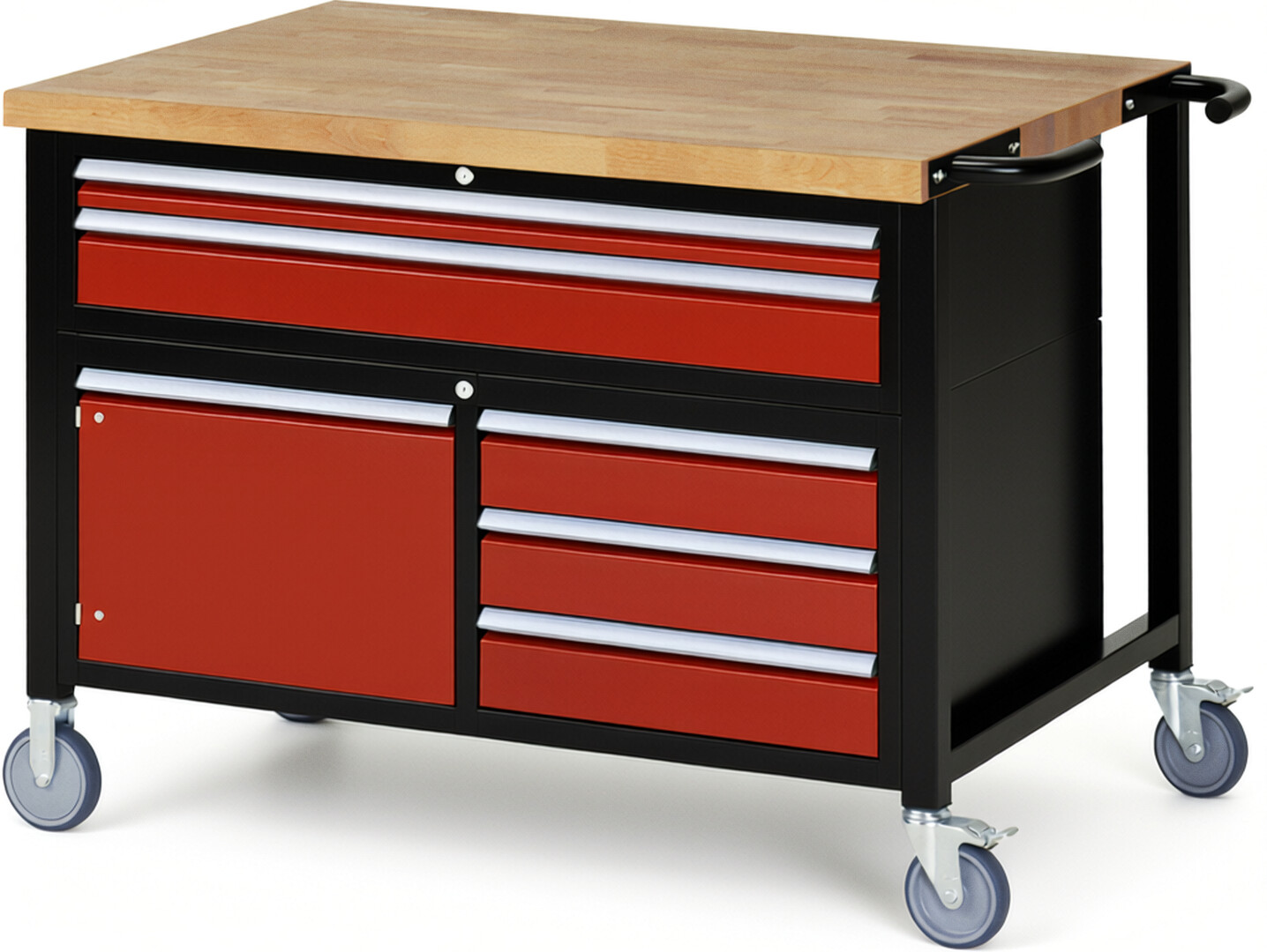 RAU Werkbank schwarz - rot - Breite 125 cm - Tiefe 90 cm - Höhe 112 cm - Buche-Massiv Arbeitsplatte 40 mm