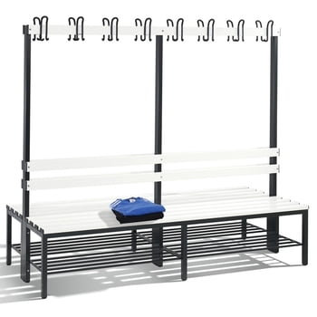 C+P Sitzbank für Umkleide und Garderobe, beidseitig, Rückenlehne, 16 Doppelhaken, Schuhrost, Gestell schwarzgrau, Kunststoffleisten , 1.650 x 1.960 x 756 mm (HxBxT)