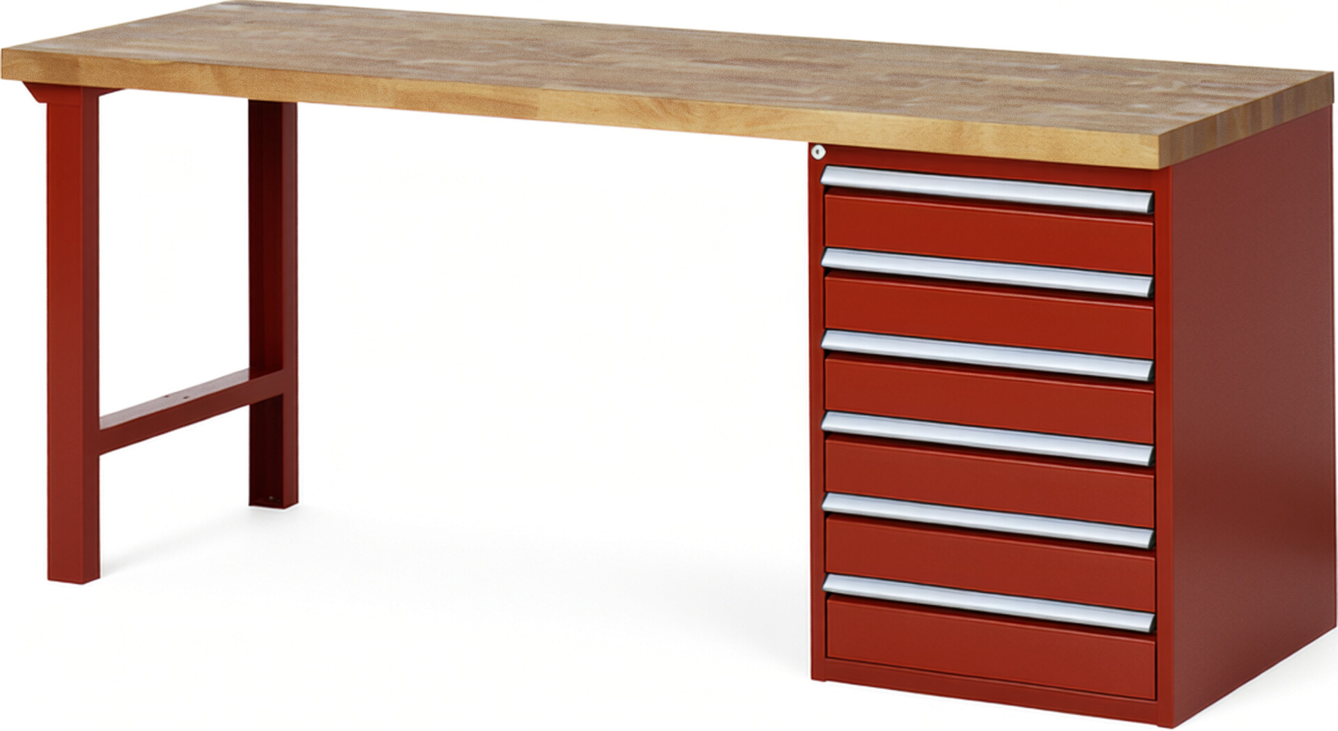 Werkbank Modell 7516 rot, BxTxH 2000x700x840 mm,  Buche-Massiv Arbeitsplatte 40 mm,  6 Schubladen mit  Vollauszug 100 % und  SoftClosing