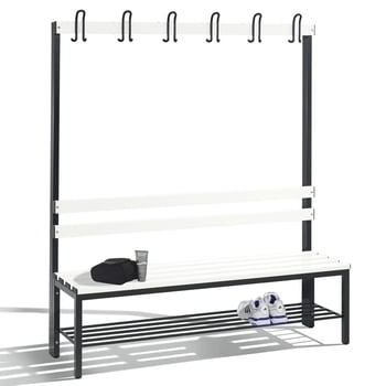 C+P Sitzbank für Umkleide und Garderobe, Rückenlehne, 6 Doppelhaken, Schuhrost, Gestell schwarzgrau, Kunststoffleisten, 1.650 x 1.500 x 403 mm (HxBxT)
