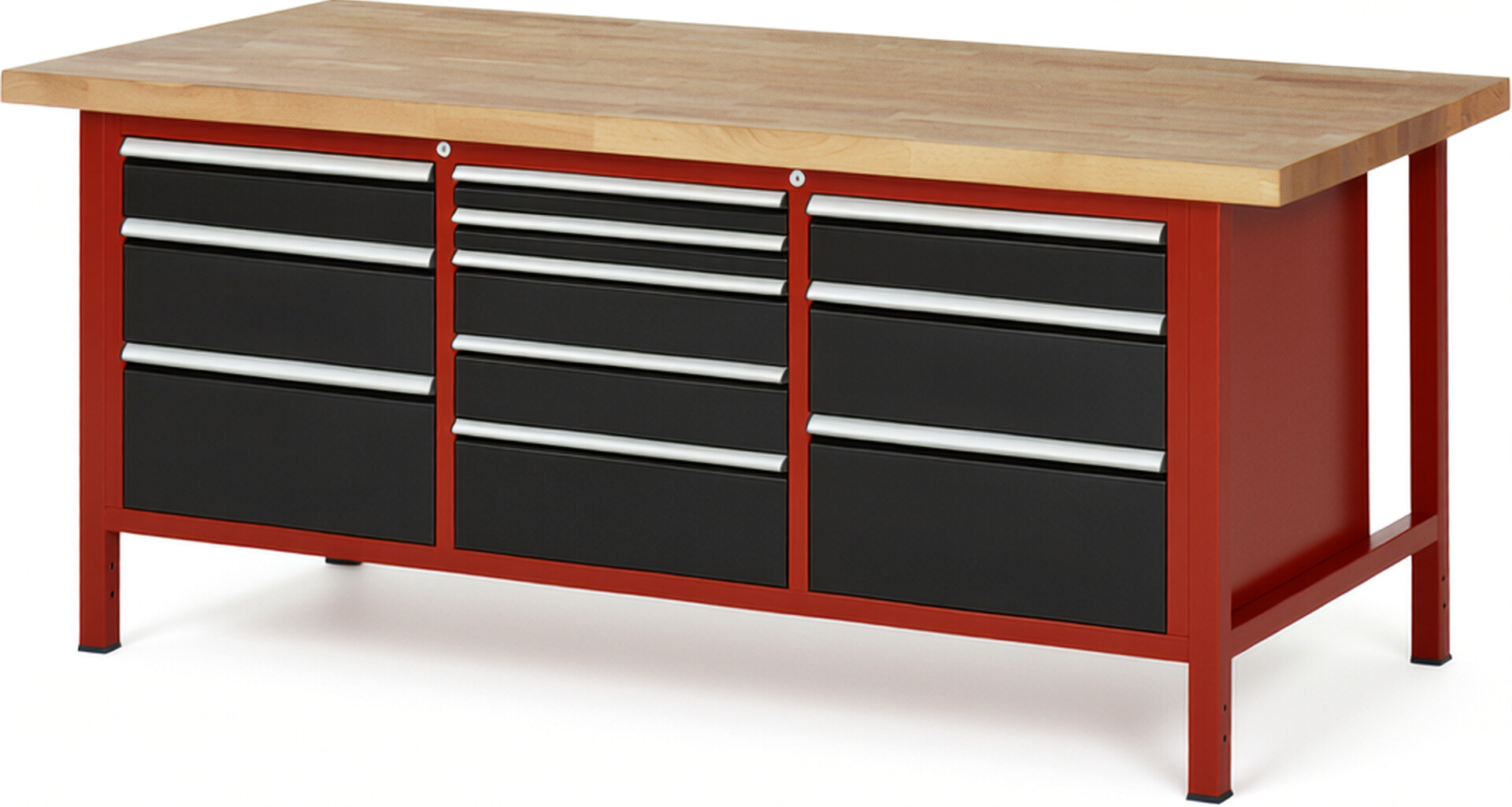 Werkbank Modell 8578 rot - schwarz, BxTxH 2000x900x840-1040 mm,  Buche-Massiv Arbeitsplatte 40 mm,  11 Schubladen mit  Vollauszug 100 % und  SoftClosing