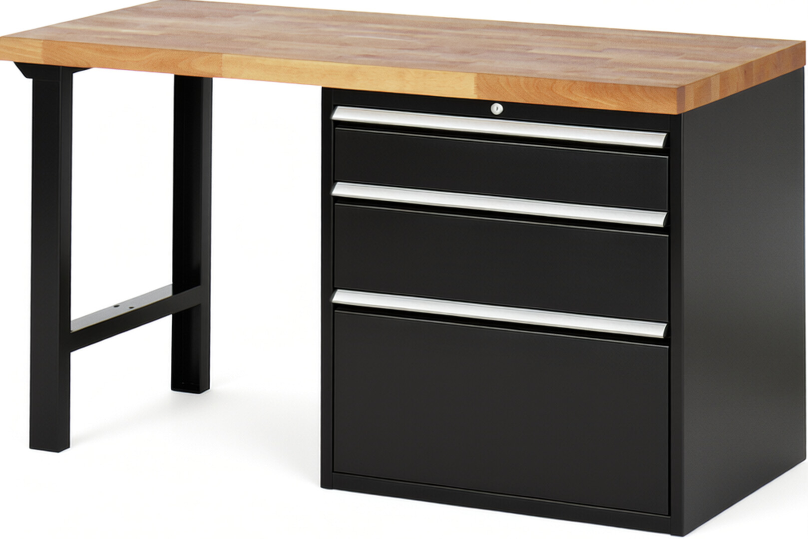 Werkbank Modell 7608 schwarz, BxTxH 1500x700x890 mm,  Buche-Massiv Arbeitsplatte 40 mm,  3 Schubladen mit  Auszug 90 %