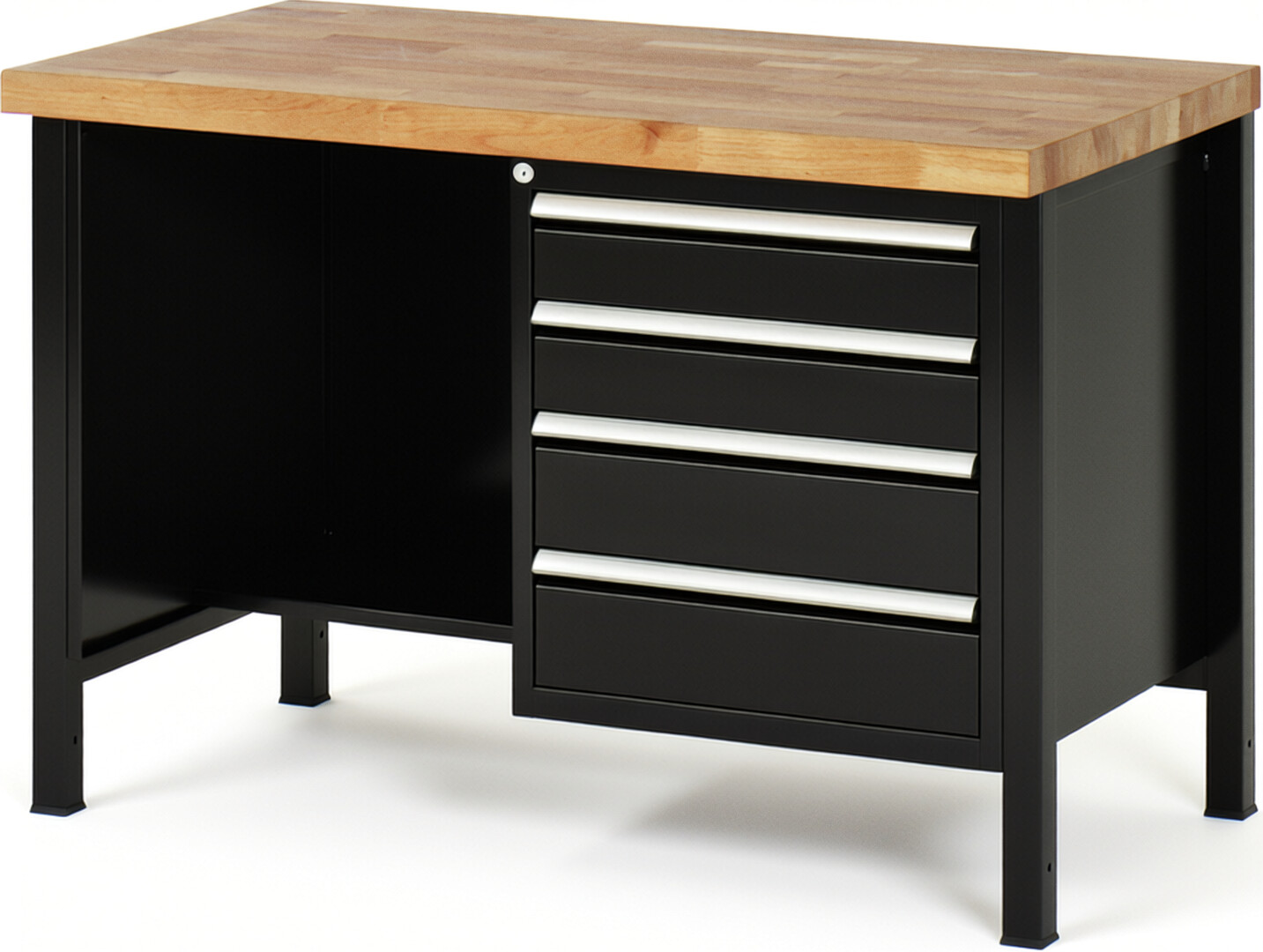 Werkbank Modell 8453 schwarz, BxTxH 1250x700x840 mm,  Buche-Massiv Arbeitsplatte 40 mm,  4 Schubladen mit  Vollauszug 100 % und  SoftClosing