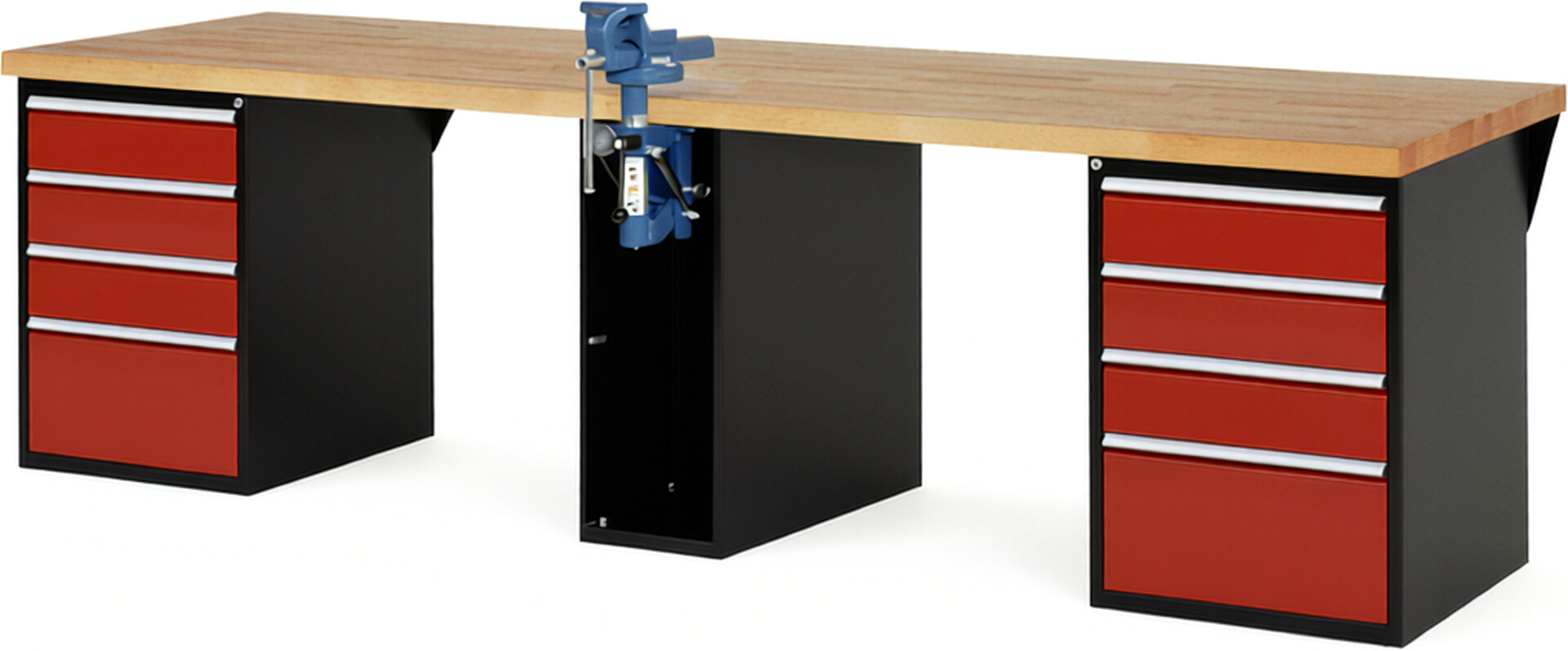 RAU Werkbank schwarz - rot - Breite 300 cm - Tiefe 90 cm - Höhe 89 cm - Buche-Massiv Arbeitsplatte 40 mm