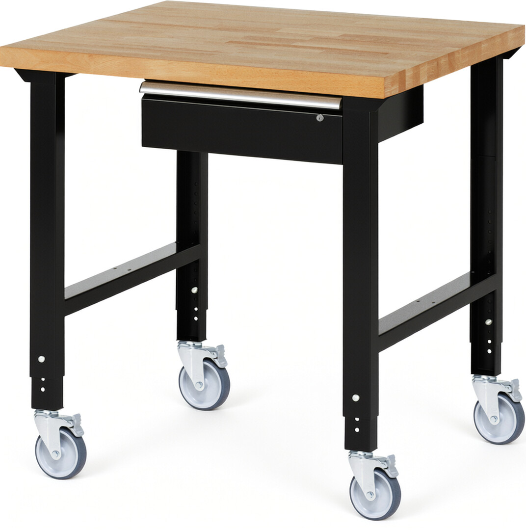 Fahrbare Werkbank Modell 7001 schwarz, BxTxH 1000x900x950-1000 mm,  Buche-Massiv Arbeitsplatte 40 mm,  1 Schublade mit  Auszug 90 %