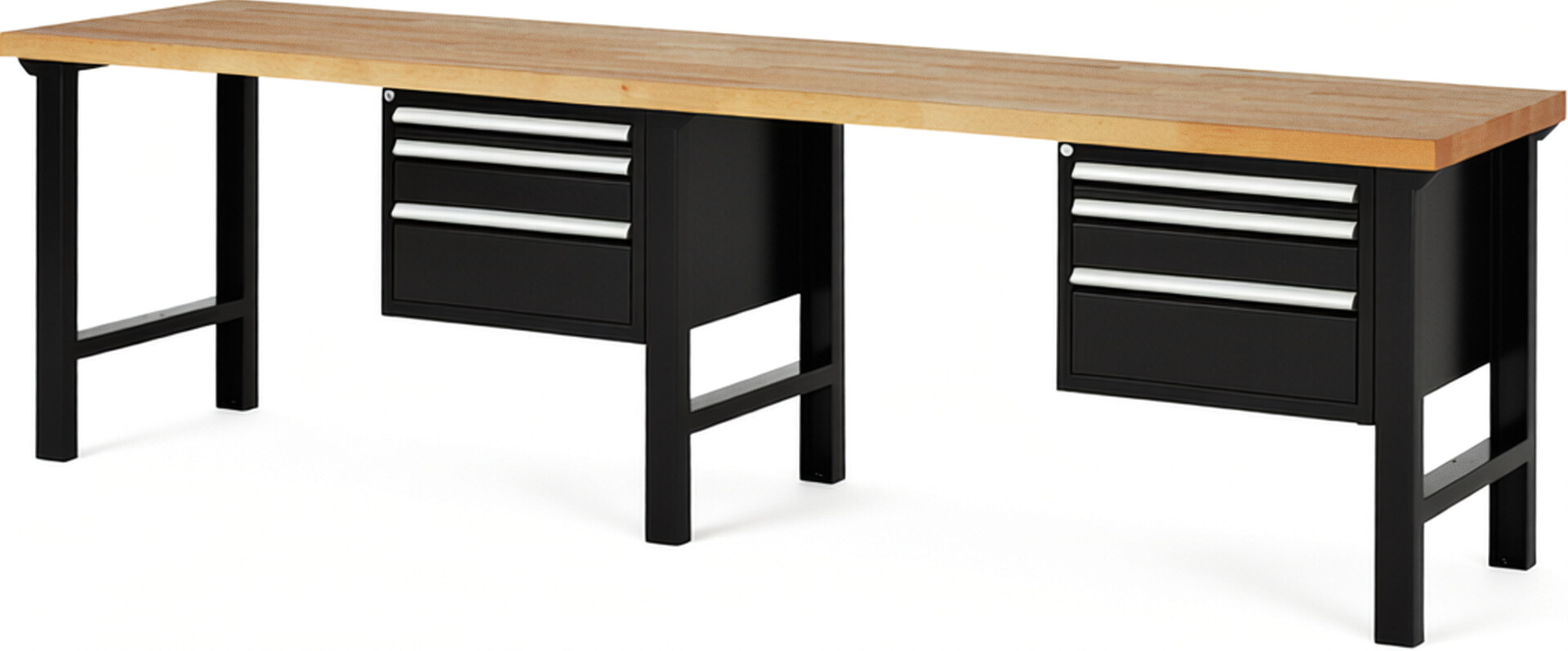Werkbank Modell 7126 schwarz, BxTxH 3000x700x840 mm,  Buche-Massiv Arbeitsplatte 40 mm,  6 Schubladen mit  Auszug 90 %