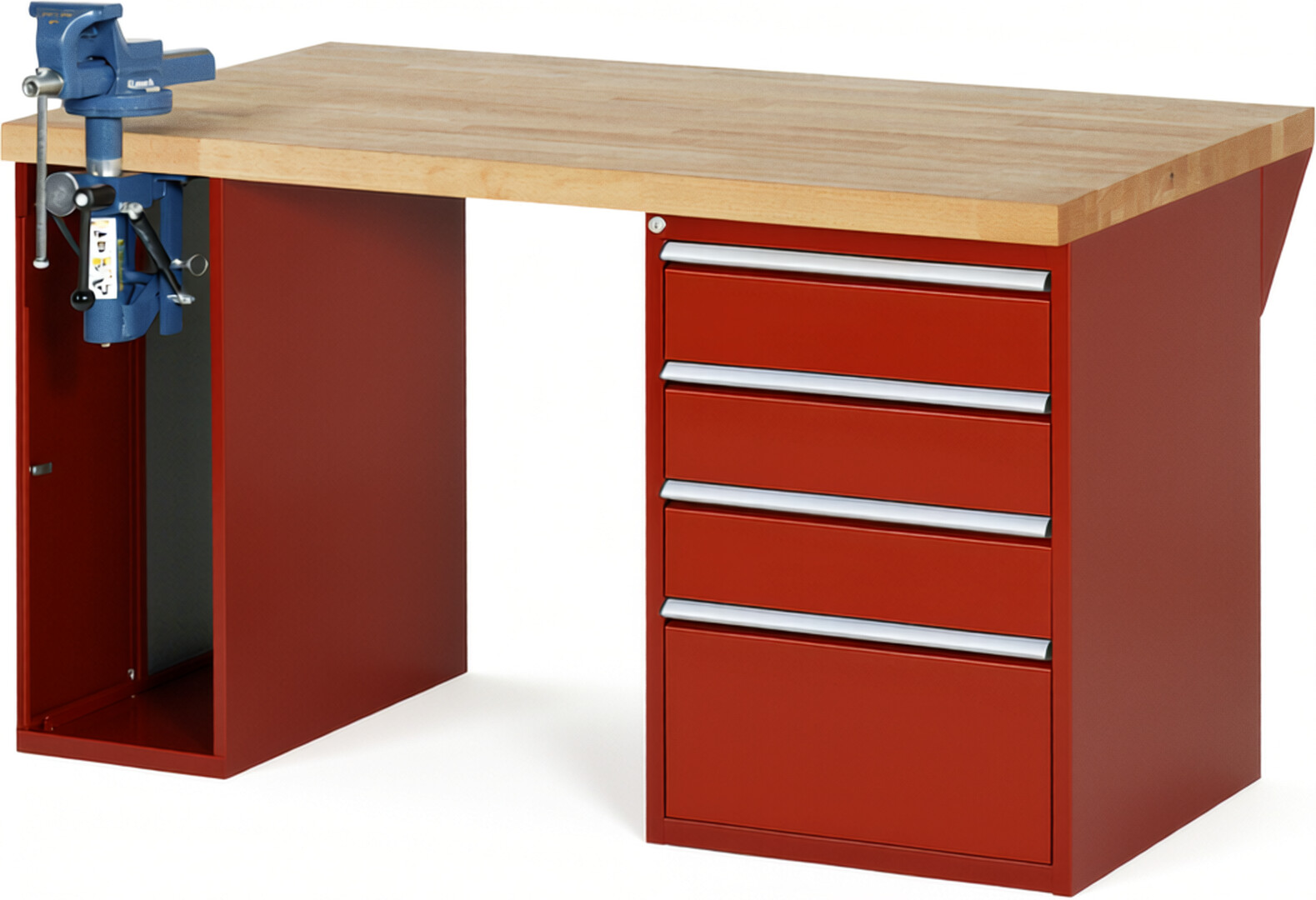 Werkbank Modell 7510 rot, BxTxH 1500x900x890 mm,  Buche-Massiv Arbeitsplatte 40 mm,  4 Schubladen mit  Vollauszug 100 % und  SoftClosing