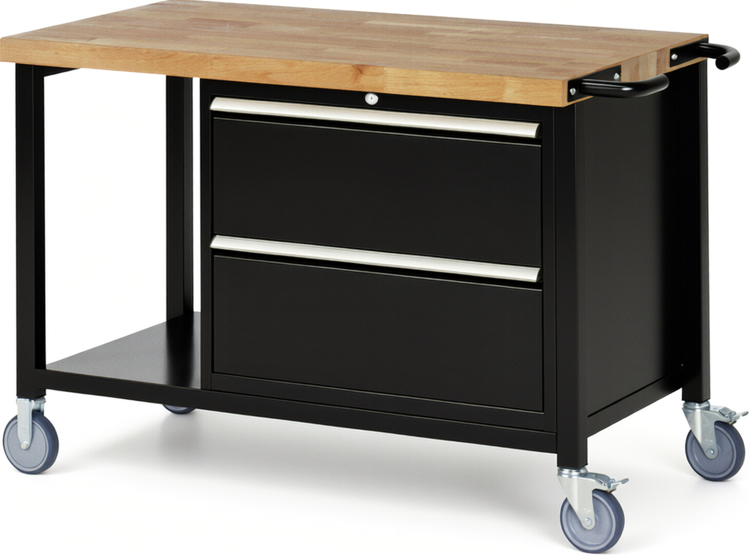 Fahrbare Werkbank Modell 8255 schwarz, BxTxH 1250x700x880 mm,  Buche-Massiv Arbeitsplatte 40 mm,  2 Schubladen mit  Vollauszug 100 % und  SoftClosing