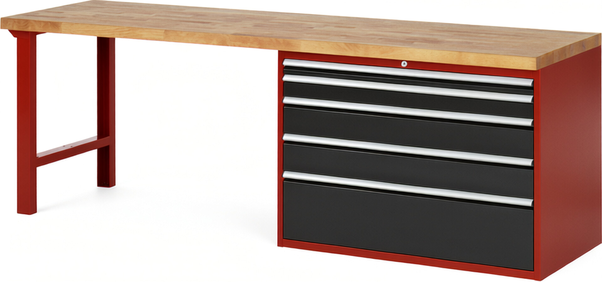 Werkbank Modell 7711 rot - schwarz, BxTxH 2500x700x890 mm,  Buche-Massiv Arbeitsplatte 40 mm,  5 Schubladen mit  Auszug 90 %