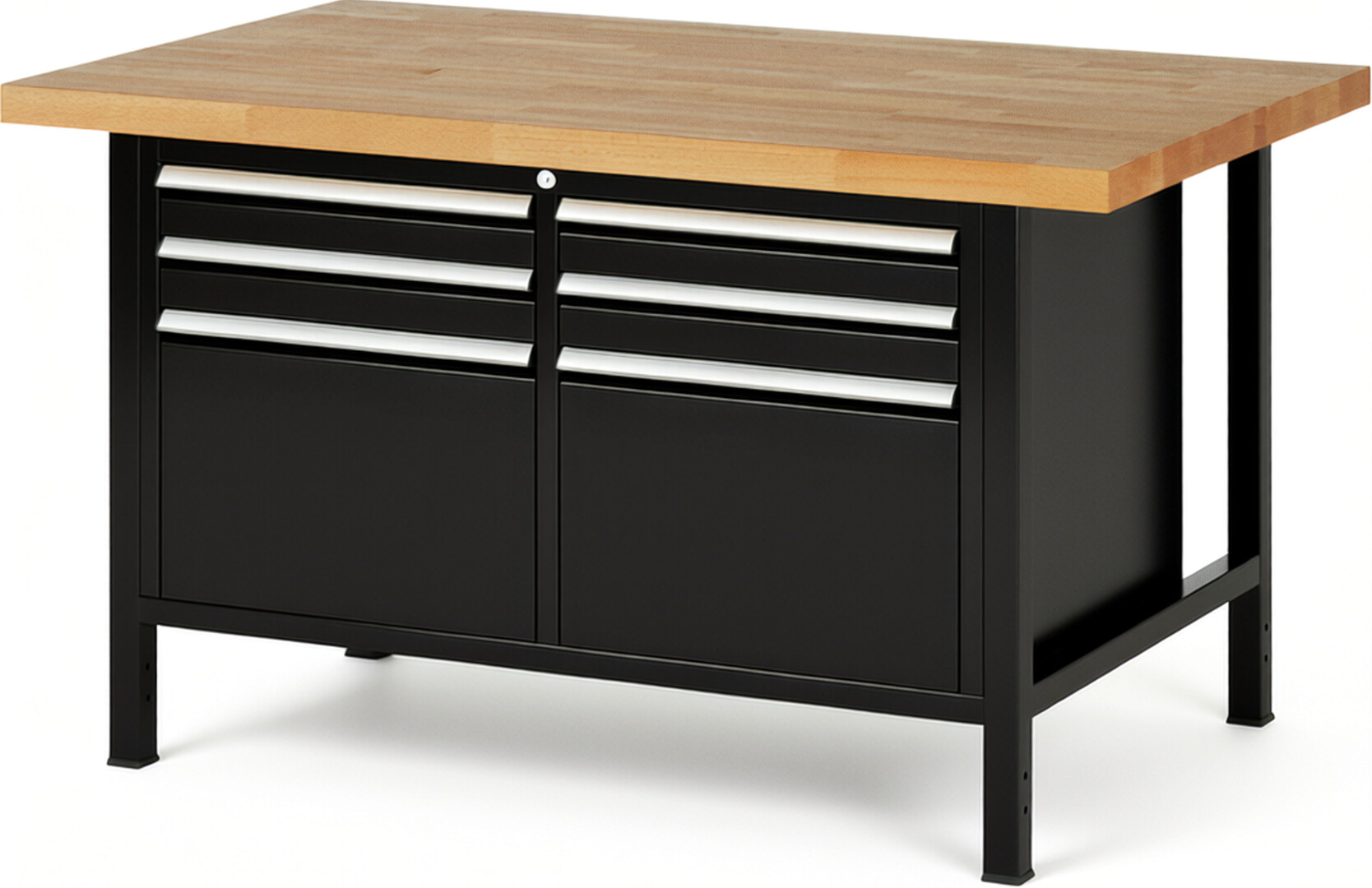Werkbank Modell 8474 schwarz, BxTxH 1500x900x840-1040 mm,  Buche-Massiv Arbeitsplatte 40 mm,  6 Schubladen mit  Auszug 90 %