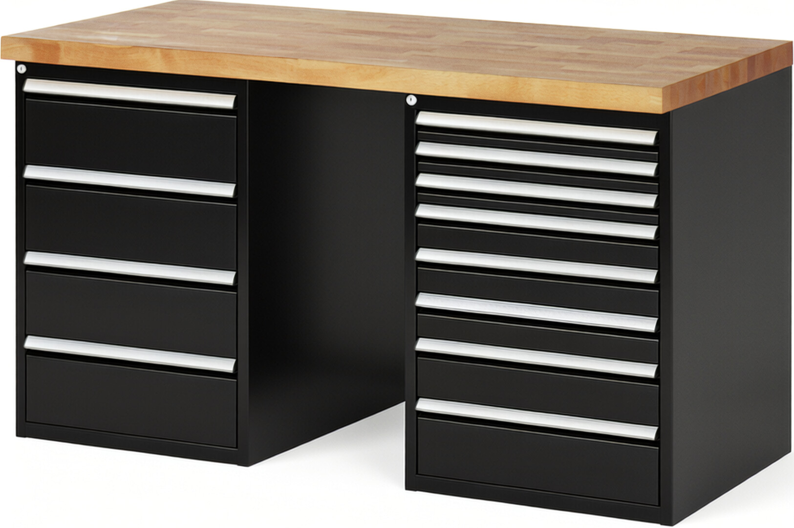 Werkbank Modell 7822 schwarz, BxTxH 1500x700x890 mm,  Buche-Massiv Arbeitsplatte 40 mm,  12 Schubladen mit  Vollauszug 100 % und  SoftClosing