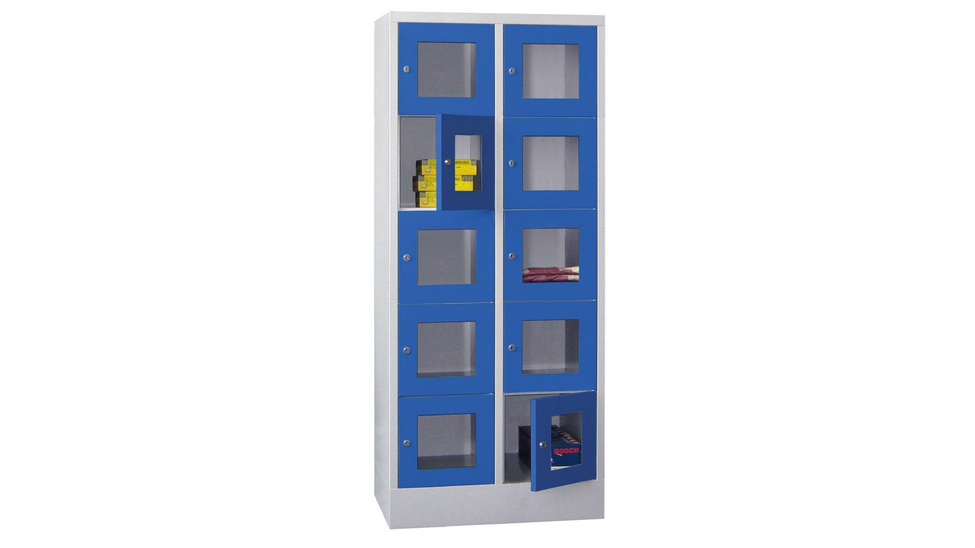 Fächerschränke mit Sichtfenstertüren, Breite 80 cm, Höhe 185 cm, Tiefe 50 cm, 2x5 Fächer