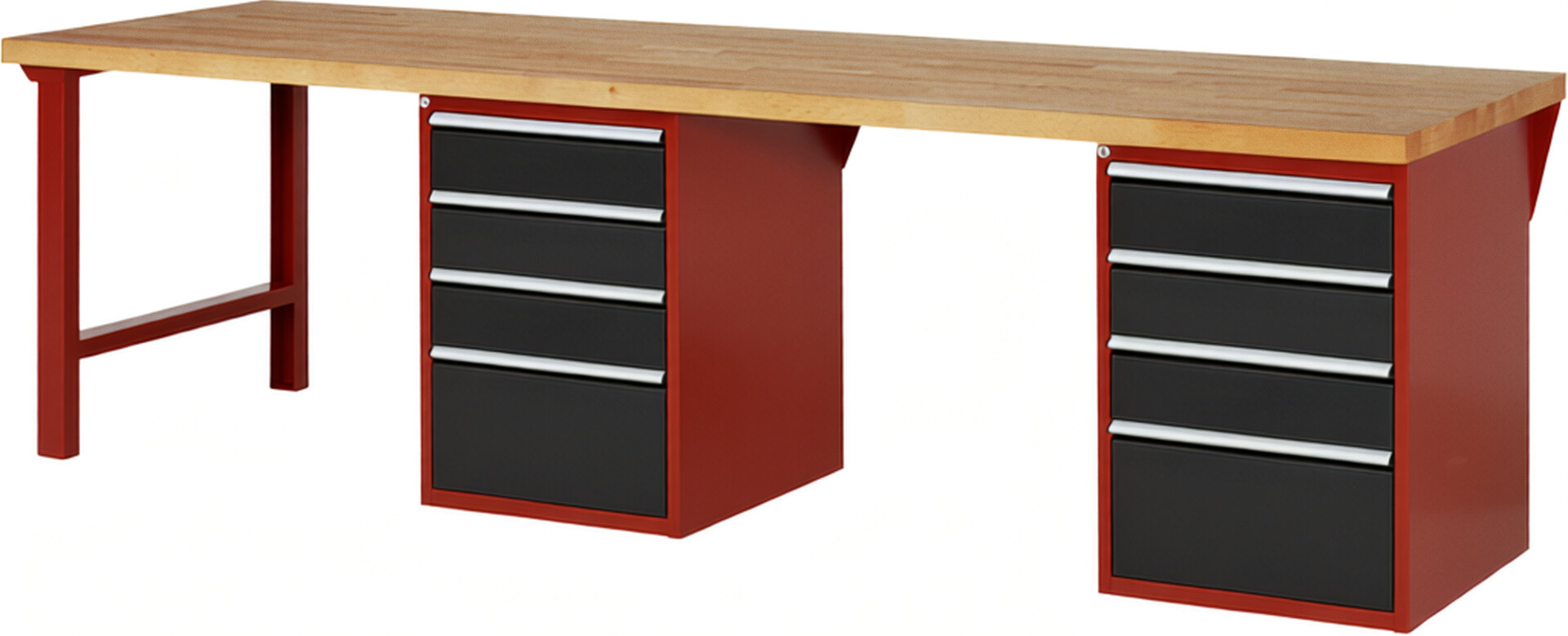 Werkbank Modell 7510 rot - schwarz, BxTxH 3000x900x840 mm,  Buche-Massiv Arbeitsplatte 40 mm,  8 Schubladen mit  Auszug 90 %