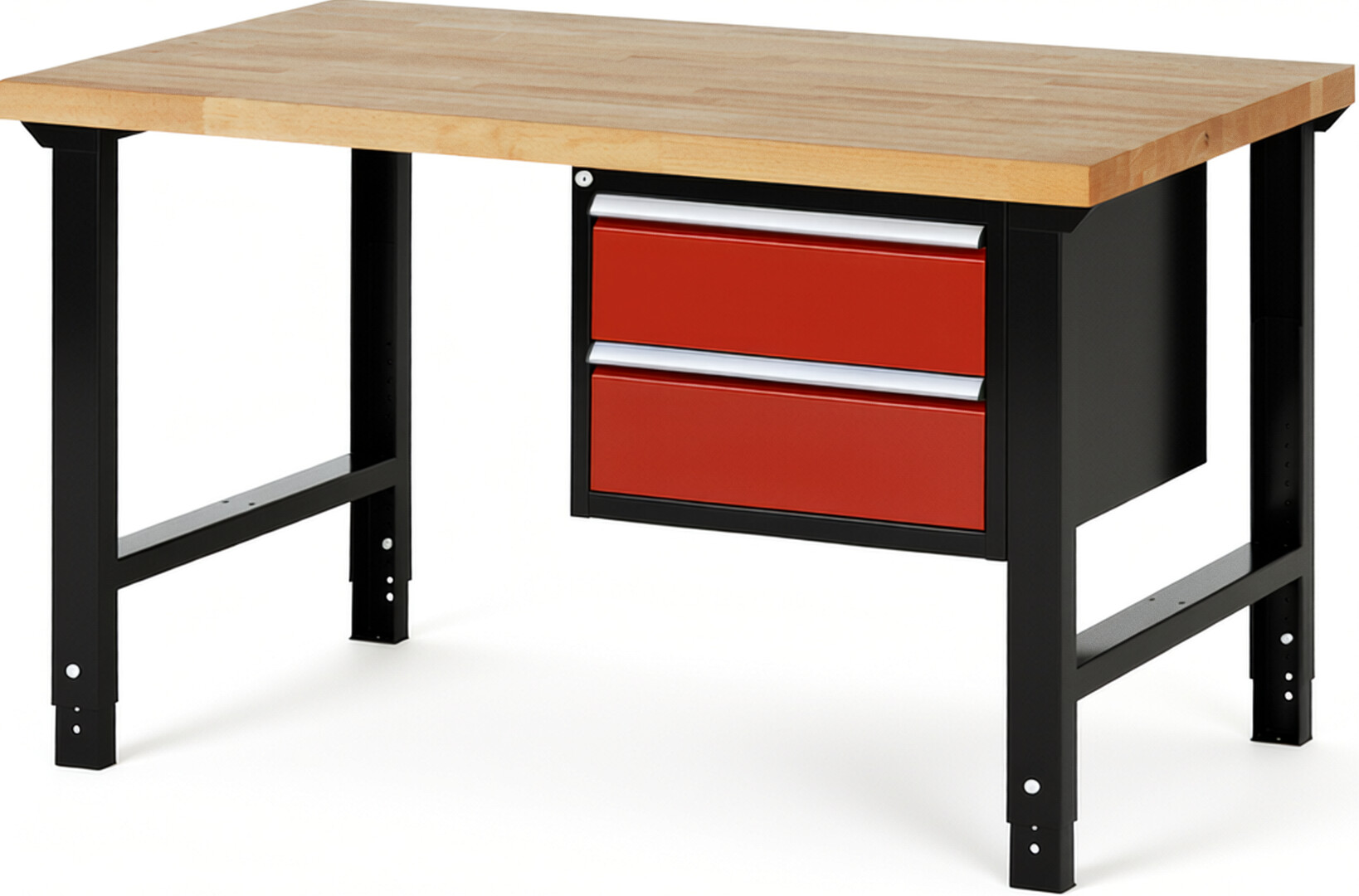 RAU Werkbank schwarz - rot - Breite 150 cm - Tiefe 90 cm - Höhe 114 cm - Buche-Massiv Arbeitsplatte 40 mm