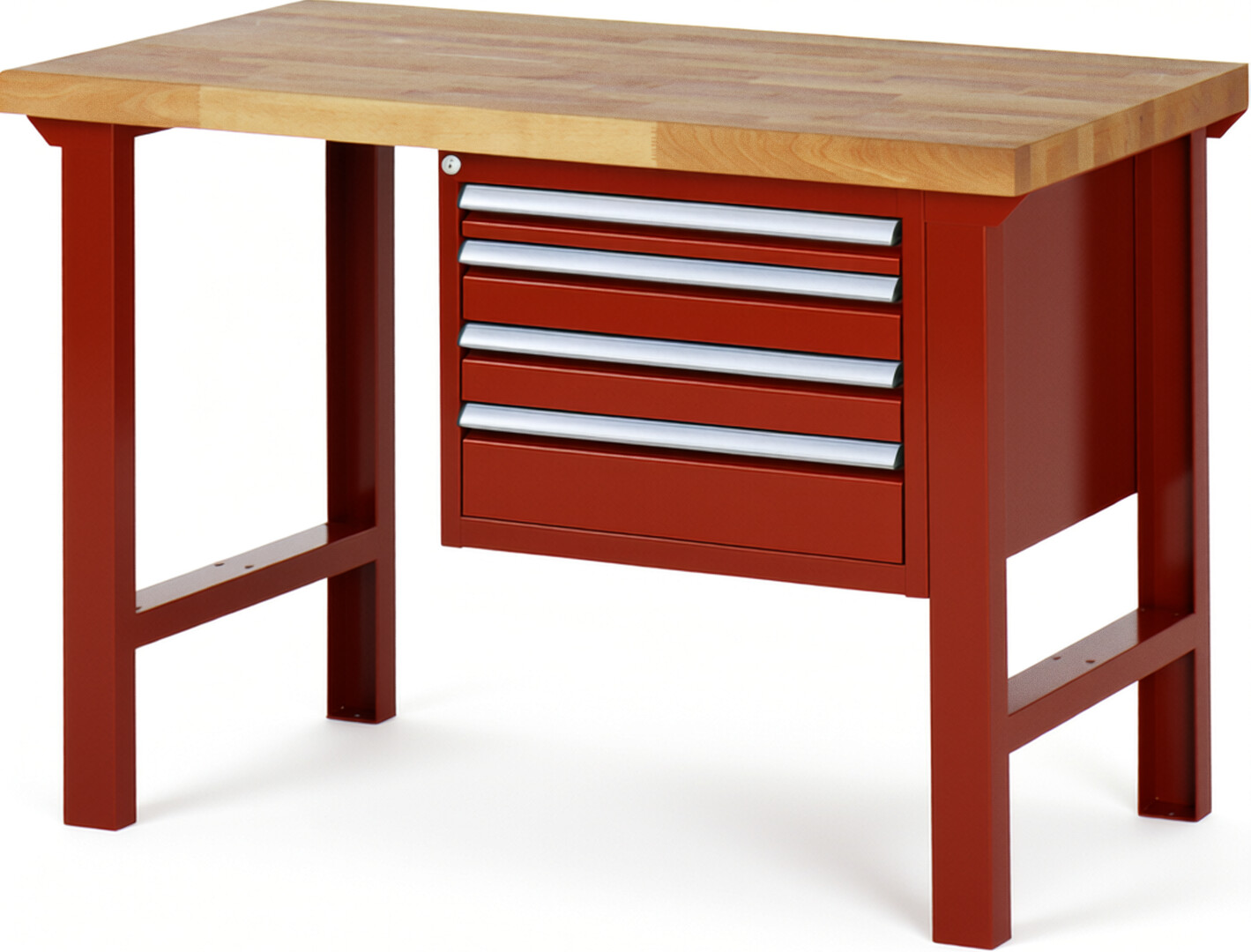 Werkbank Modell 7132 rot, BxTxH 1250x700x840 mm,  Buche-Massiv Arbeitsplatte 40 mm,  4 Schubladen mit  Vollauszug 100 % und  SoftClosing