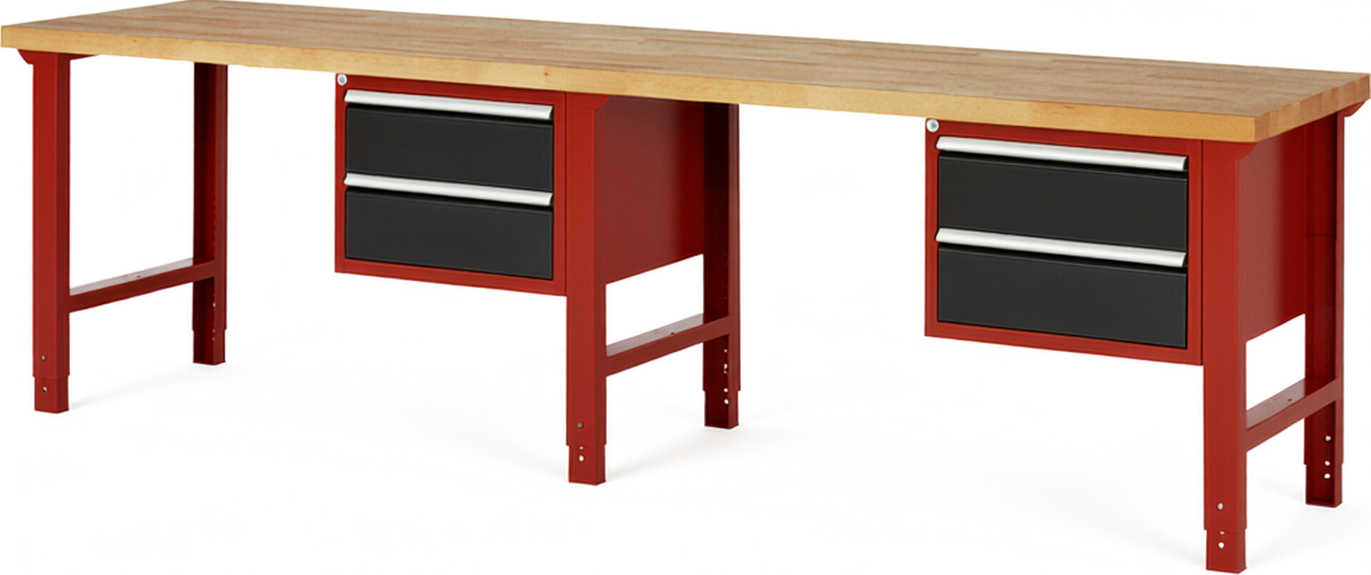 Werkbank Modell 7125 rot - schwarz, BxTxH 3000x700x790-1140 mm,  Buche-Massiv Arbeitsplatte 40 mm,  4 Schubladen mit  Auszug 90 %