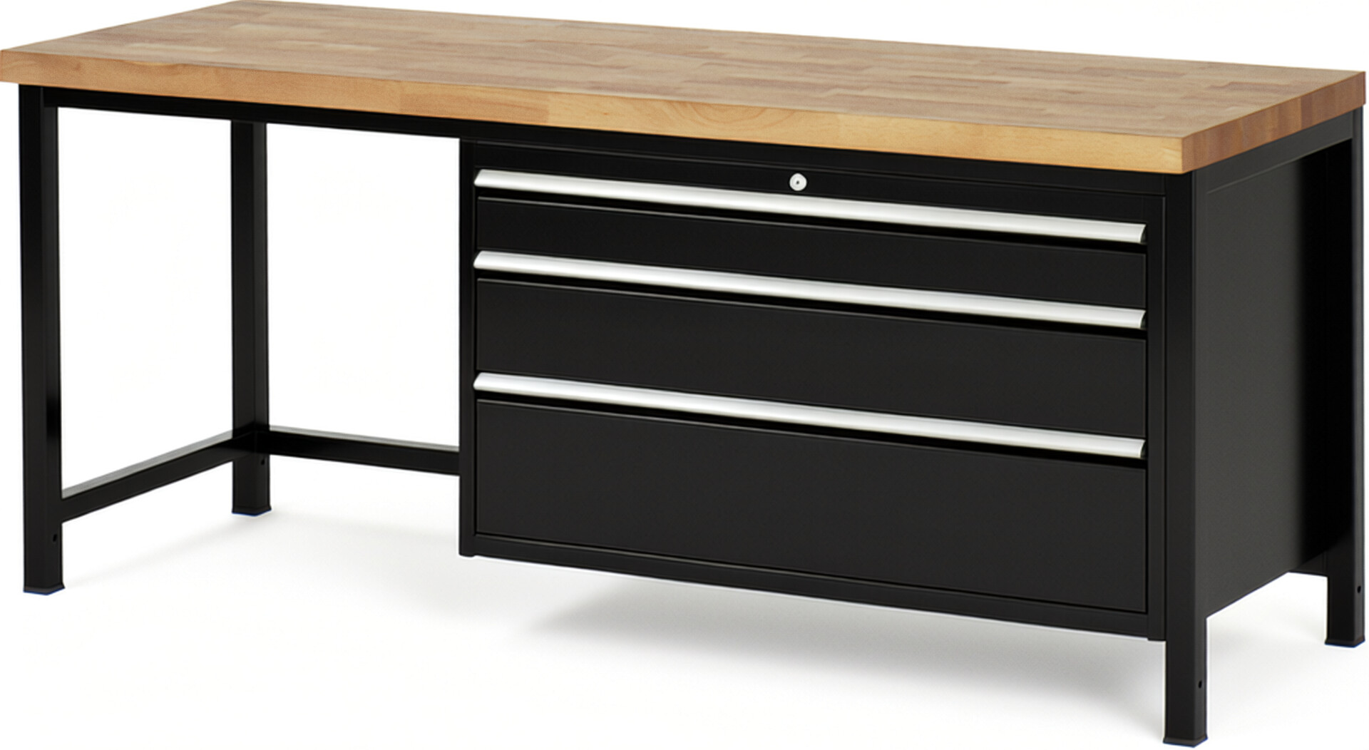Werkbank Modell 8359 schwarz, BxTxH 2000x700x840-1040 mm,  Buche-Massiv Arbeitsplatte 40 mm,  3 Schubladen mit  Vollauszug 100 % und  SoftClosing