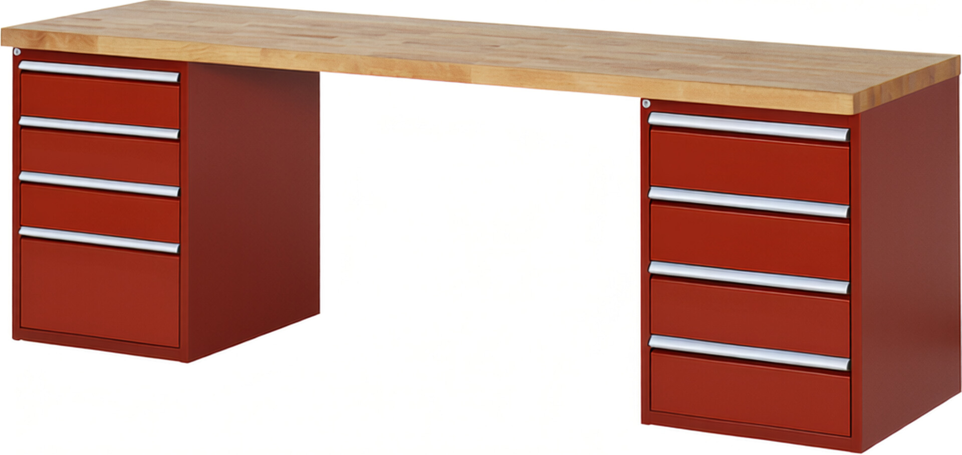 Werkbank Modell 7820 rot, BxTxH 2500x700x840 mm,  Buche-Massiv Arbeitsplatte 40 mm,  8 Schubladen mit  Auszug 90 %