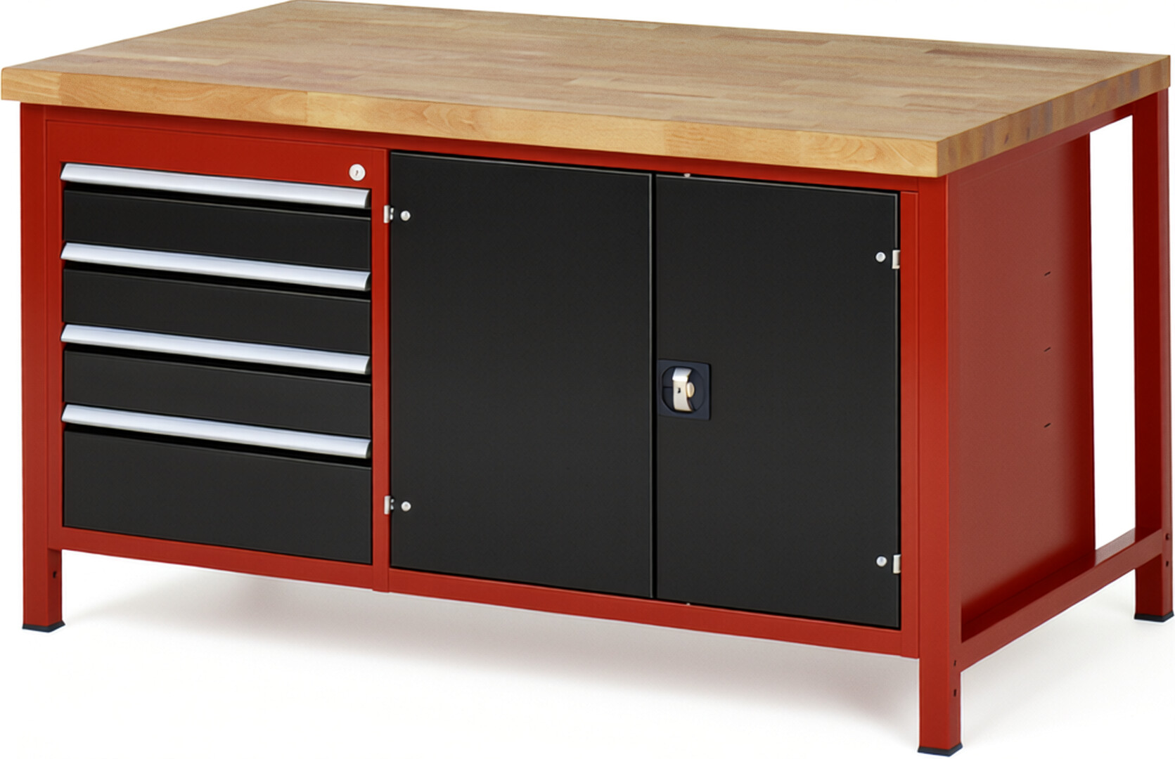 Werkbank Modell 8905 rot - schwarz, BxTxH 1500x900x840-1040 mm,  Buche-Massiv Arbeitsplatte 40 mm,  4 Schubladen mit  Auszug 90 %