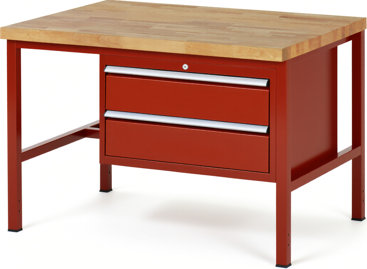 Werkbank Modell 8225 rot, BxTxH 1250x900x840 mm,  Buche-Massiv Arbeitsplatte 40 mm,  2 Schubladen mit  Auszug 90 %