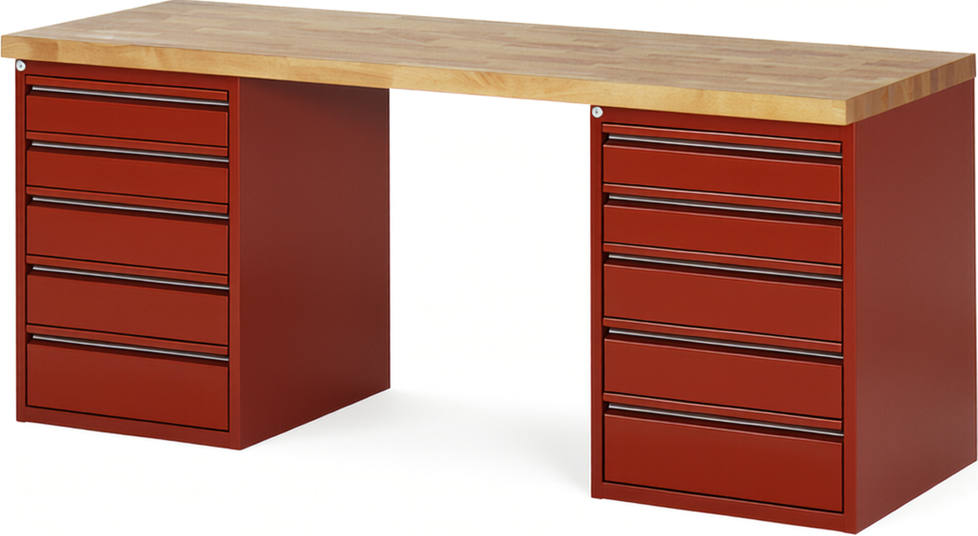 Werkbank - Modell 7513 BASIC rot, BxTxH 2000x700x890 mm,  Buche-Massiv Arbeitsplatte 40 mm,  10 Schubladen mit  Auszug 90 %