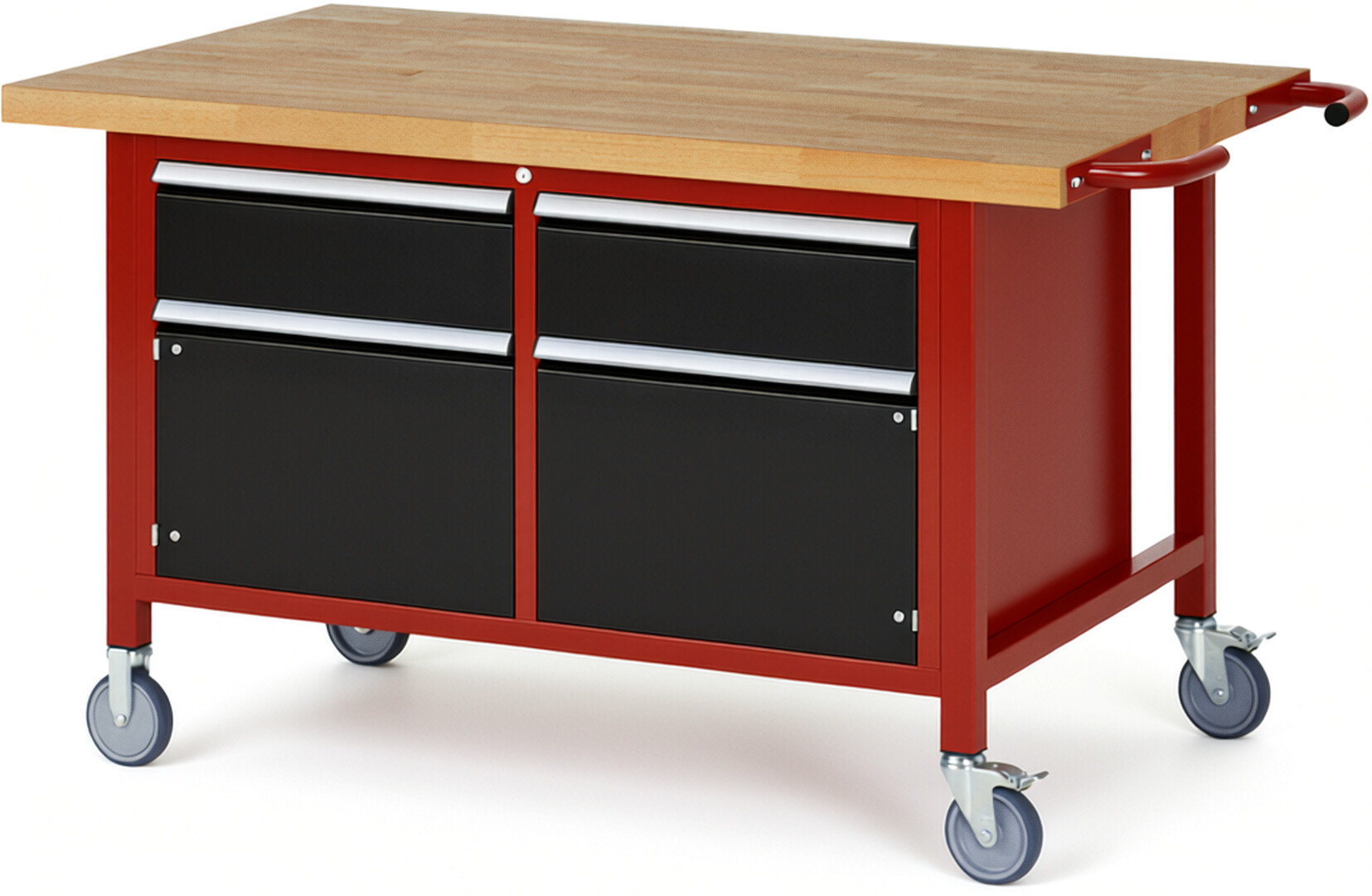 Fahrbare Werkbank Modell 8466 rot - schwarz, BxTxH 1500x900x880 mm,  Buche-Massiv Arbeitsplatte 40 mm,  2 Schubladen mit  Auszug 90 %