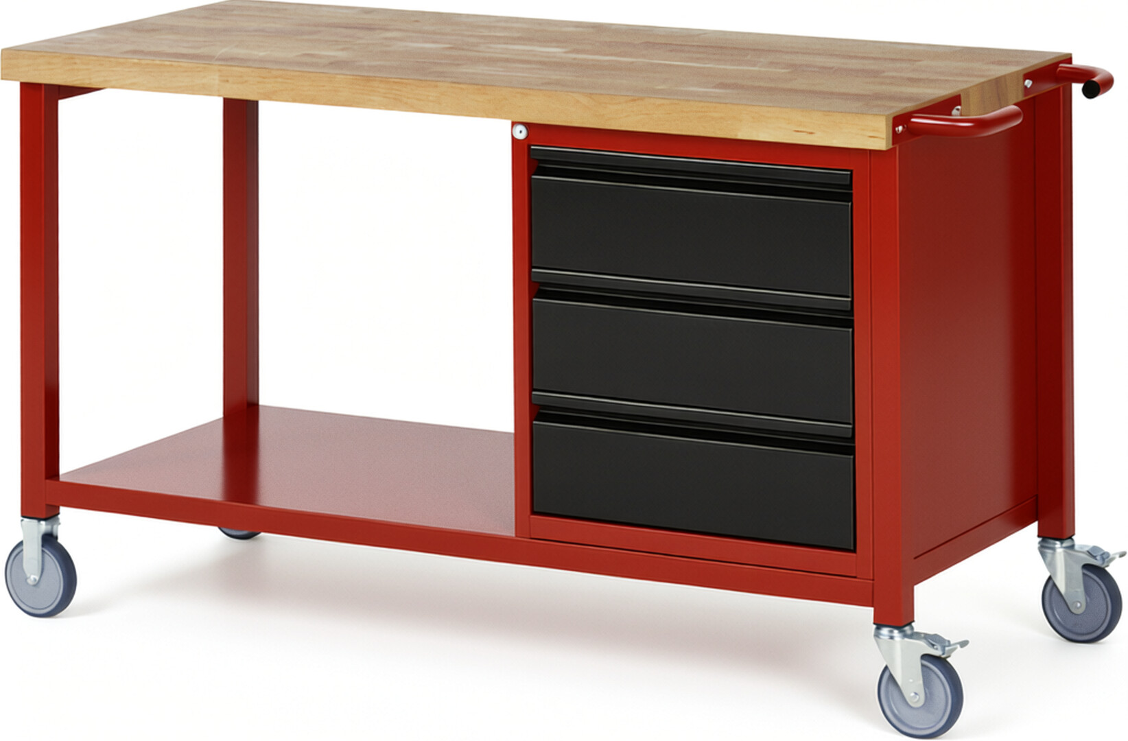 Fahrbare Werkbank - Modell 8157 BASIC rot - schwarz, BxTxH 1500x700x880 mm,  Buche-Massiv Arbeitsplatte 40 mm,  3 Schubladen mit  Auszug 90 %
