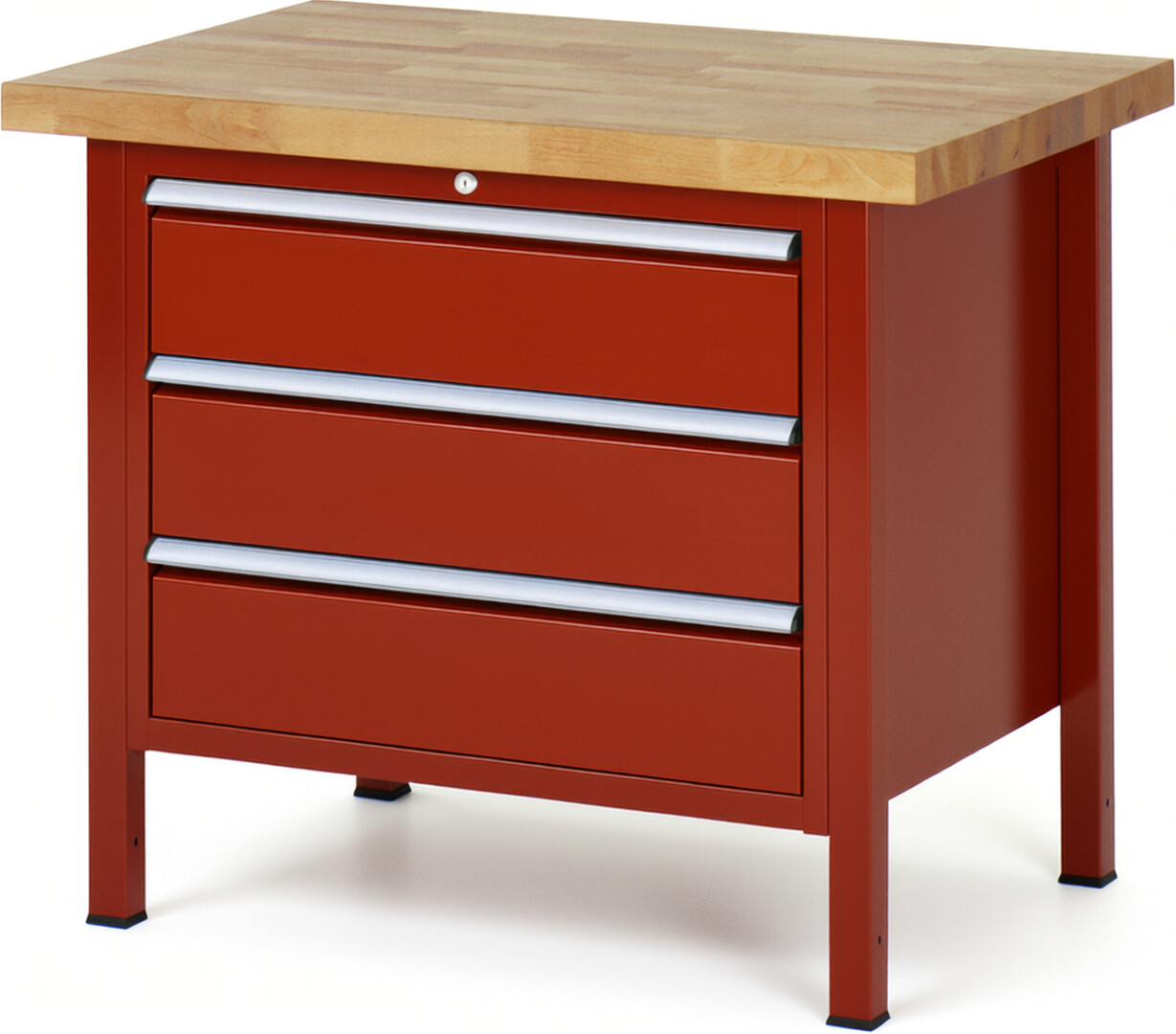 Werkbank Modell 8257 rot, BxTxH 1000x700x840 mm,  Buche-Massiv Arbeitsplatte 40 mm,  3 Schubladen mit  Vollauszug 100 % und  SoftClosing
