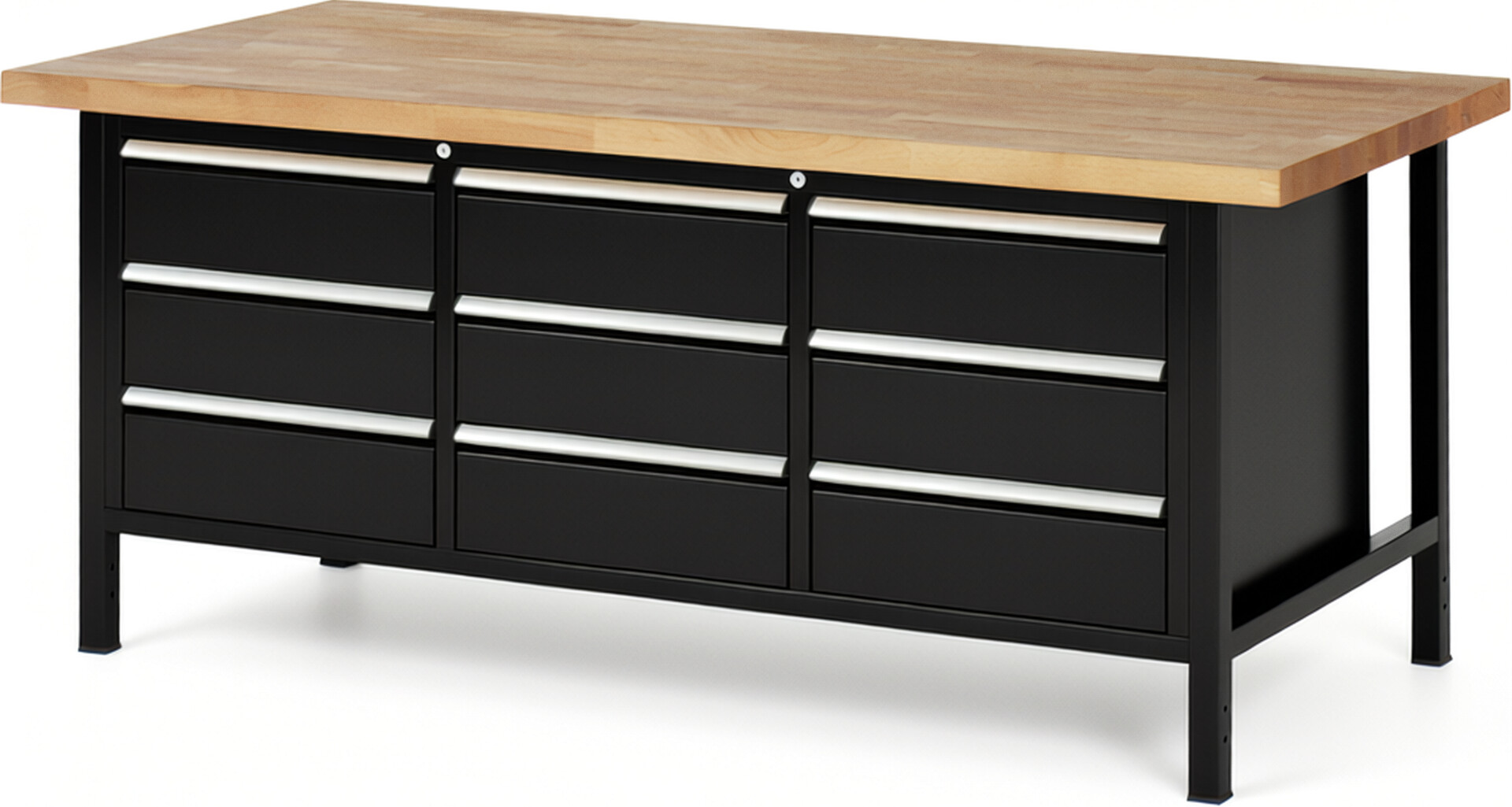 Werkbank Modell 8574 schwarz, BxTxH 2000x900x840 mm,  Buche-Massiv Arbeitsplatte 40 mm,  9 Schubladen mit  Auszug 90 %