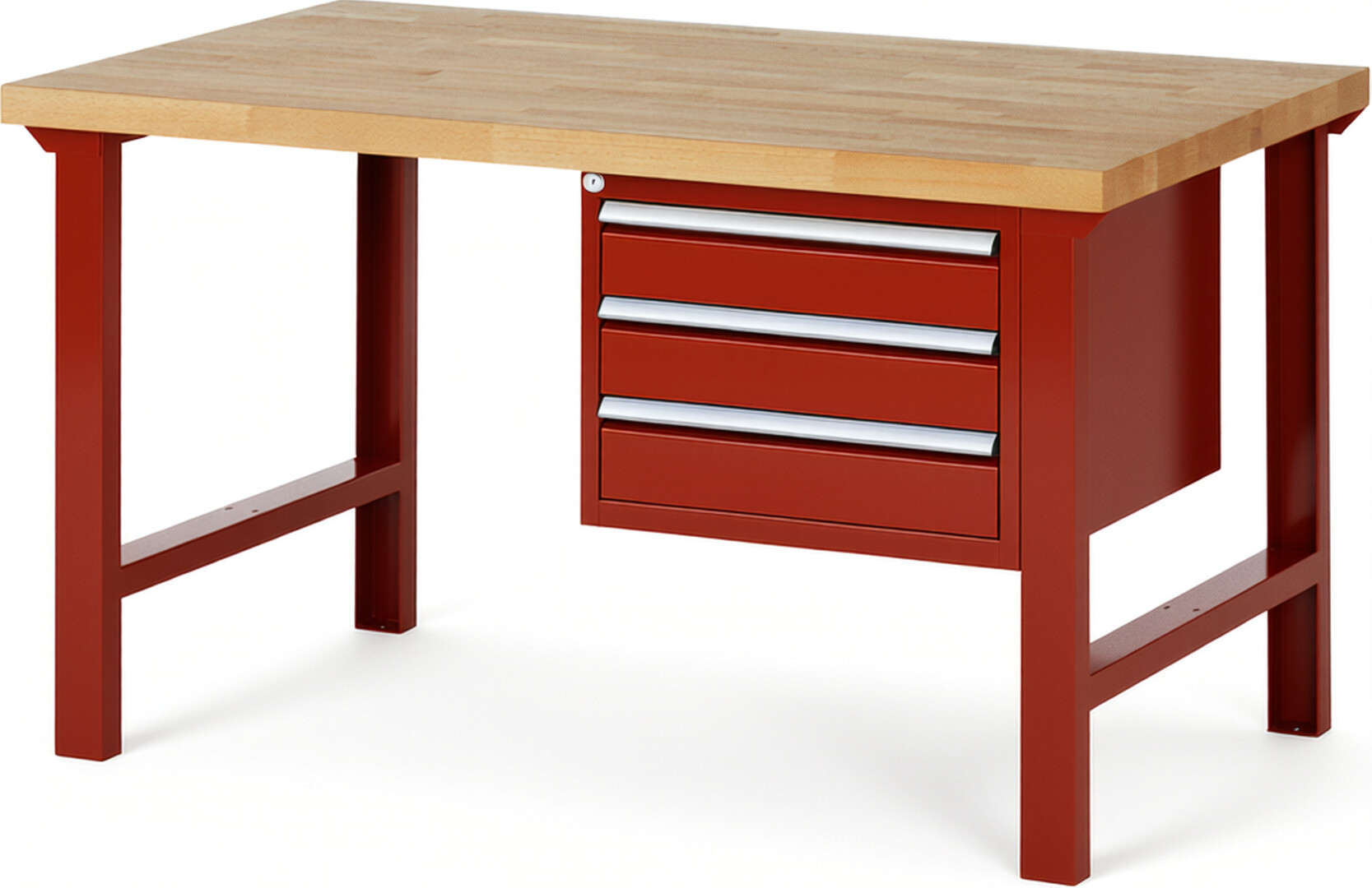 Werkbank Modell 7127 rot, BxTxH 1500x900x840 mm,  Buche-Massiv Arbeitsplatte 40 mm,  3 Schubladen mit  Auszug 90 %