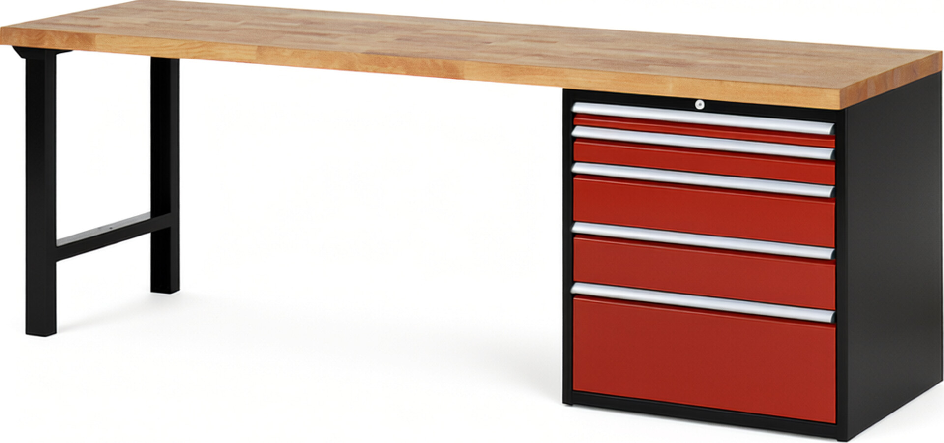 RAU Werkbank schwarz - rot - Breite 250 cm - Tiefe 70 cm - Höhe 89 cm - Buche-Massiv Arbeitsplatte 40 mm