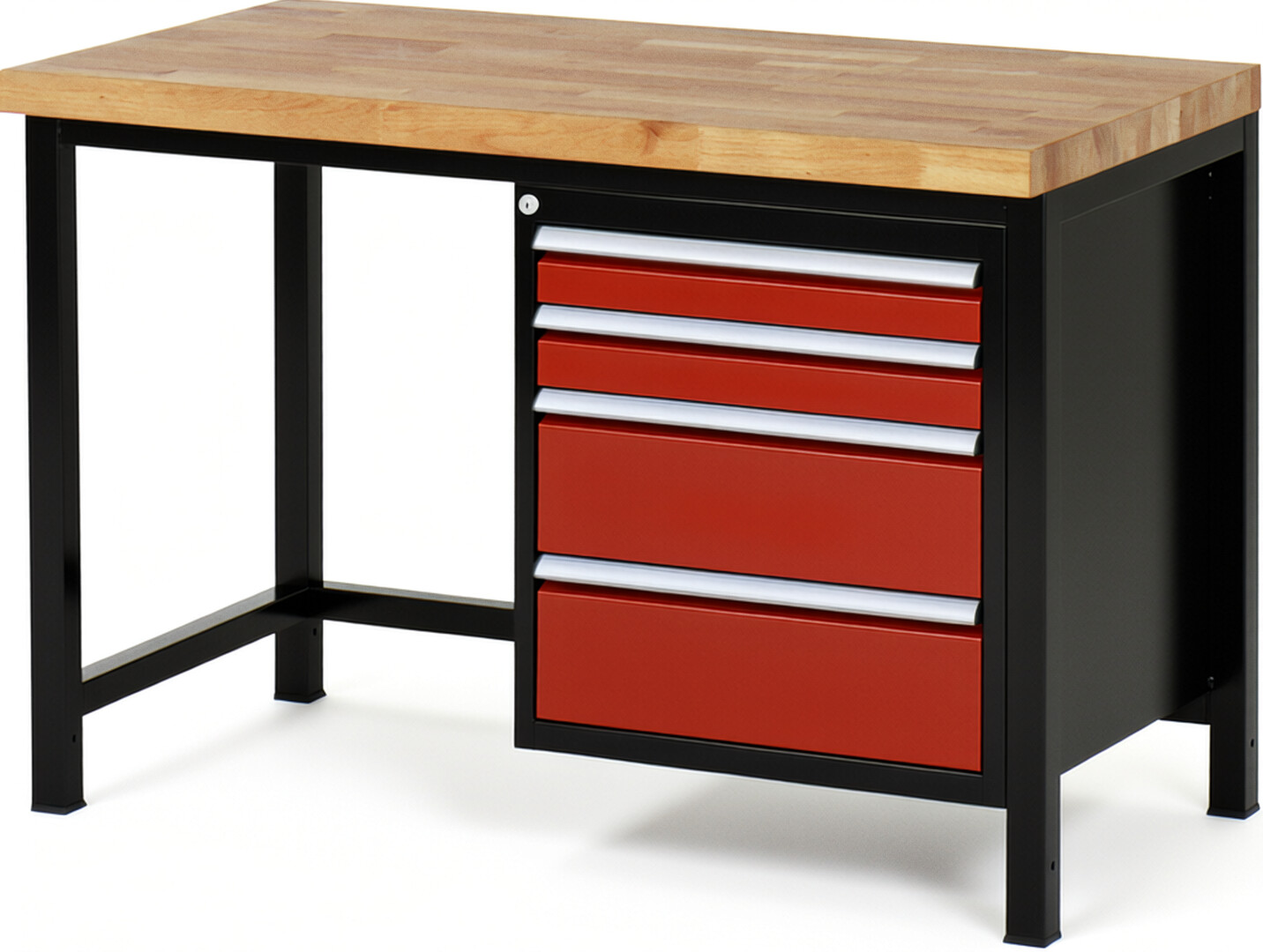 RAU Werkbank schwarz - rot - Breite 125 cm - Tiefe 70 cm - Höhe 104 cm - Buche-Massiv Arbeitsplatte 40 mm