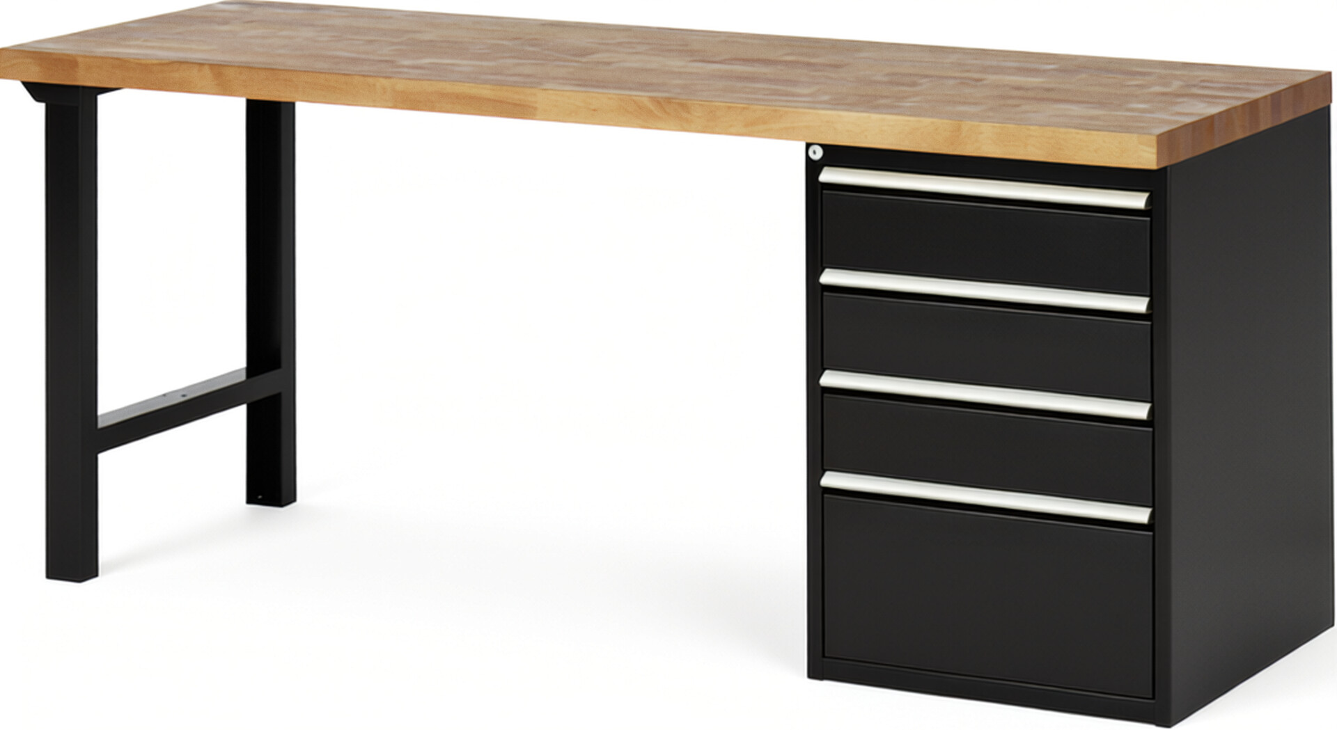 Werkbank Modell 7510 schwarz, BxTxH 2000x700x890 mm,  Buche-Massiv Arbeitsplatte 40 mm,  4 Schubladen mit  Auszug 90 %