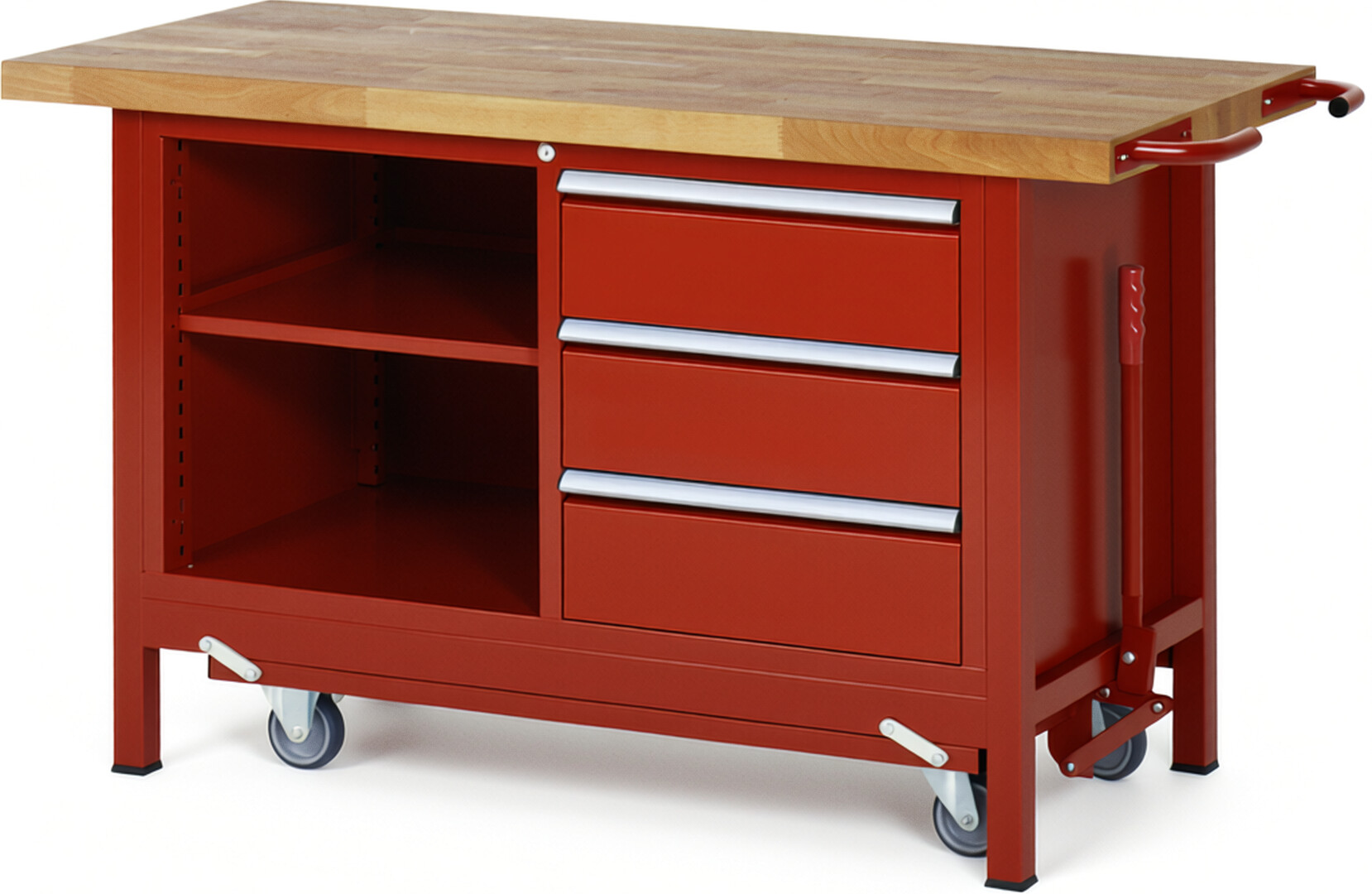 Absenkbare Werkbank Modell 8462 rot, BxTxH 1500x700x880 mm,  Buche-Massiv Arbeitsplatte 40 mm,  3 Schubladen mit  Auszug 90 %