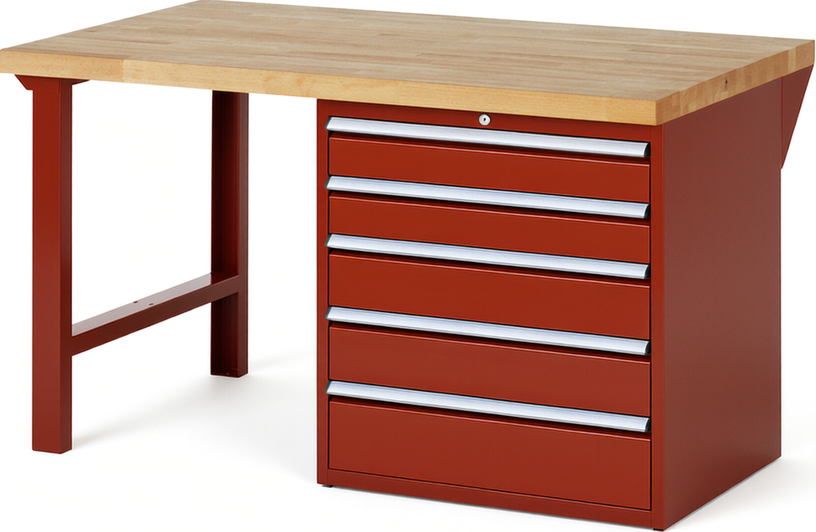 Werkbank Modell 7613 rot, BxTxH 1500x900x890 mm,  Buche-Massiv Arbeitsplatte 40 mm,  5 Schubladen mit  Vollauszug 100 % und  SoftClosing