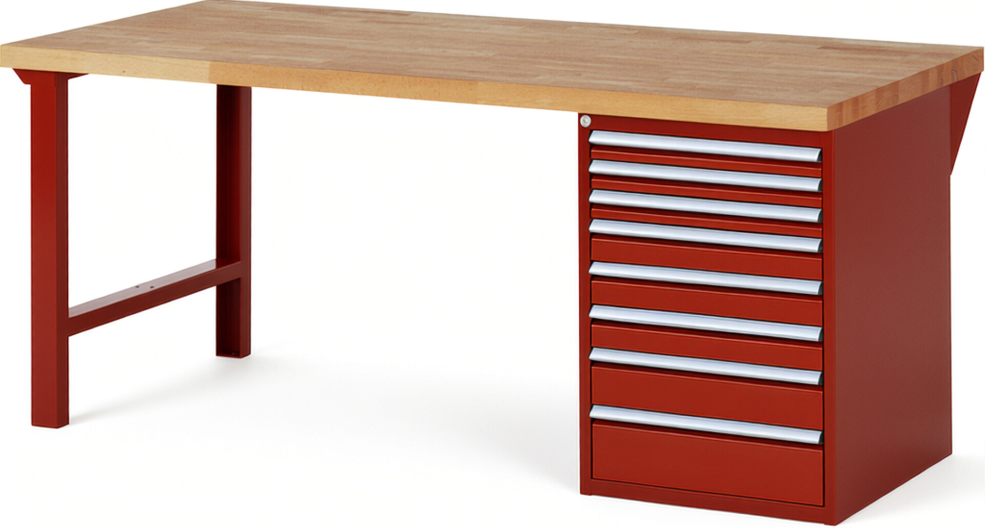Werkbank Modell 7519 rot, BxTxH 2000x900x890 mm,  Buche-Massiv Arbeitsplatte 40 mm,  8 Schubladen mit  Auszug 90 %